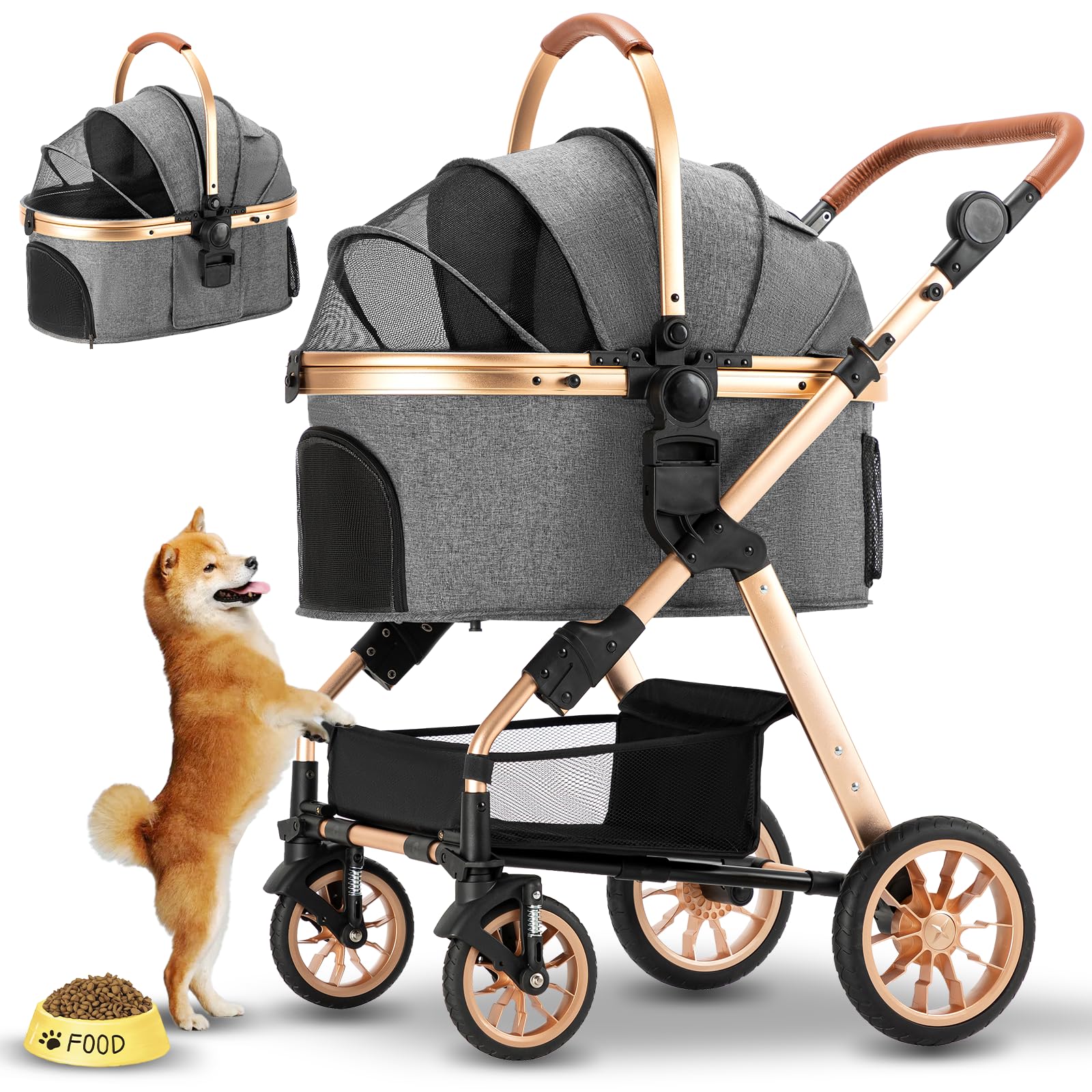 Foldable Lightweight Pet Stroller for Small & Medium Dogs - Portable Dog Carrier with Detachable Storage Basket (Gray) - Perfect for Walks, Travel & Outdoor Adventures