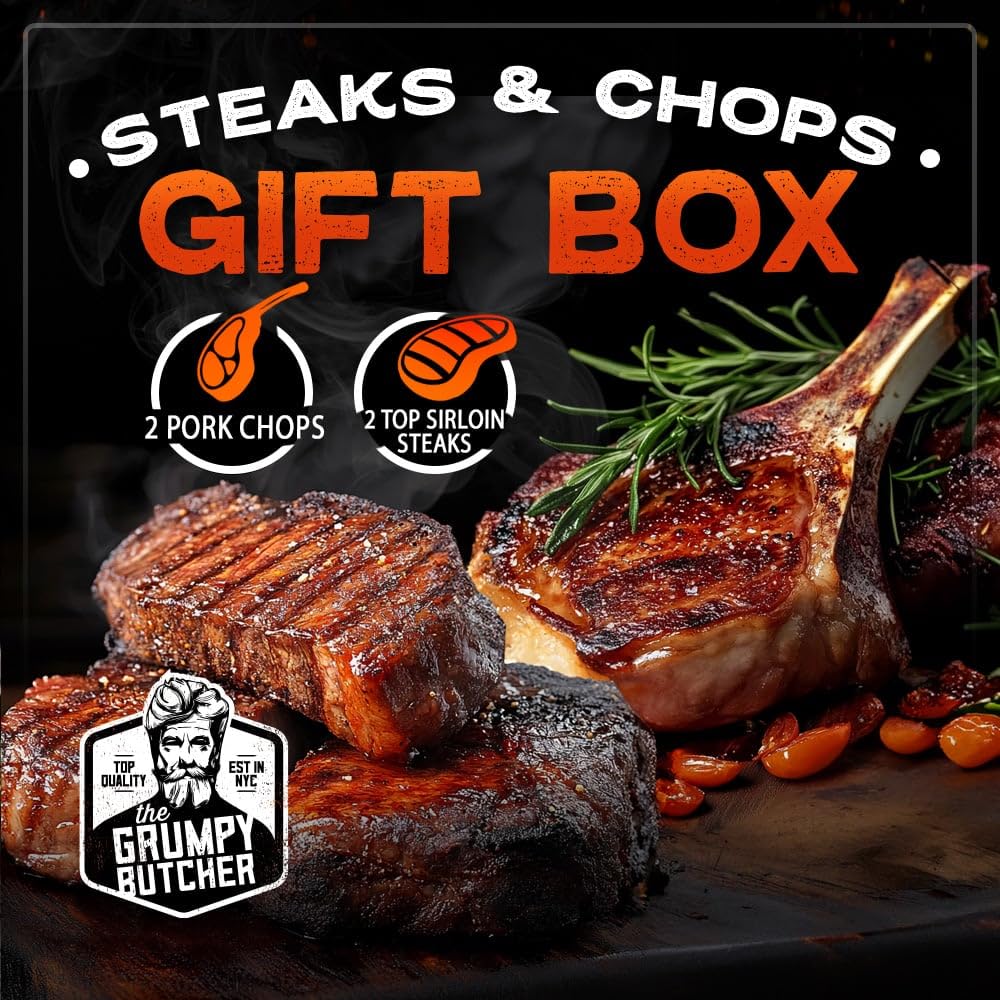 Premium Grumpy Butcher Steaks & Pork Chops Gift Box - 2 Top Sirloin Steaks (6 oz) & 2 Duroc Bone-in Pork Chops (14 oz) - Gourmet Meat Gift Package for Special Occasions, BBQ Parties & Holiday Gifting