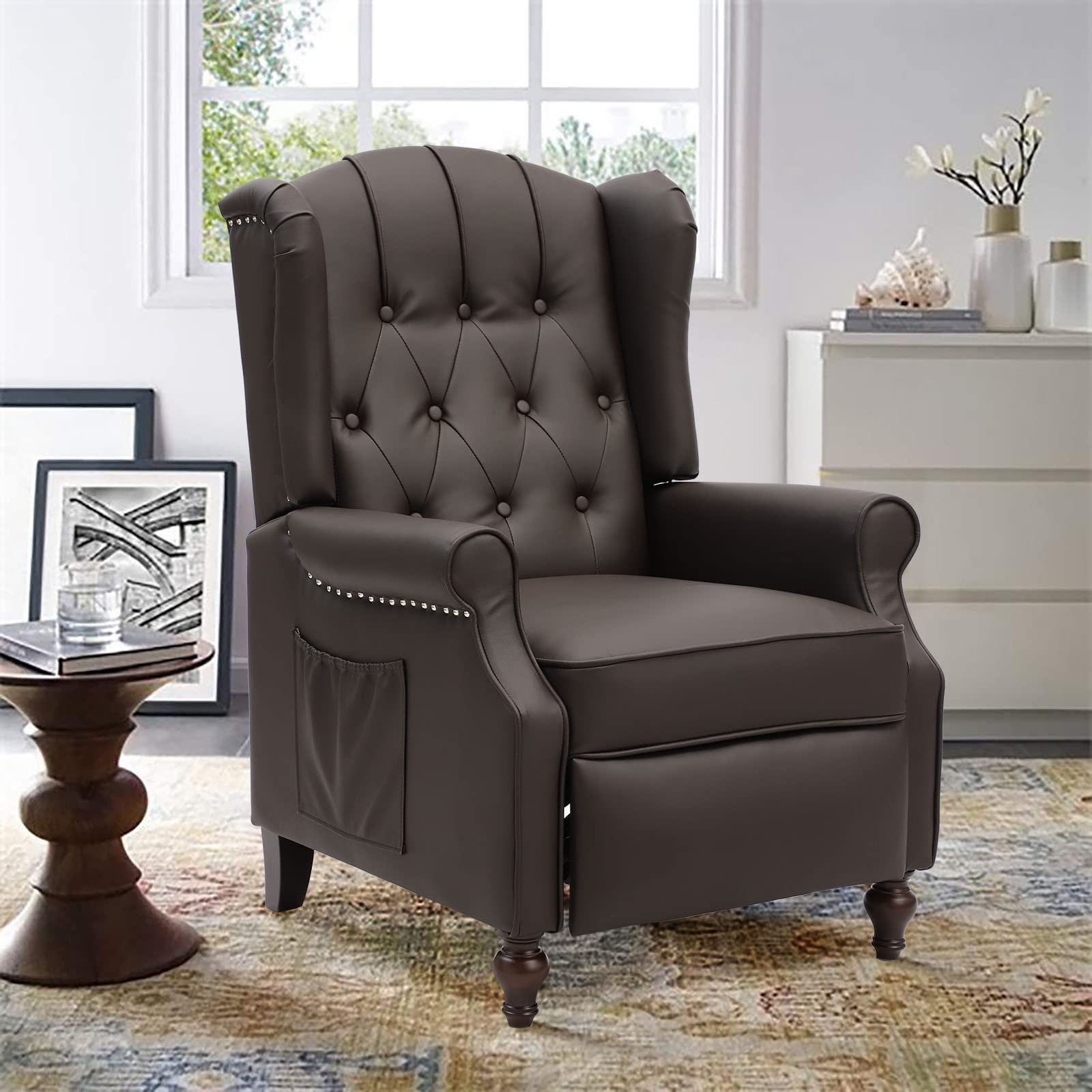 BINGTOO Leather Recliner Chair with Massage & Heating - Tufted Wingback Push Back Recliner with Footrest, Nailhead Trim & Wooden Legs - Living Room Accent Chair for Relaxation (Single, Brown) - Perfect for Home Theater, Reading Nook & Lounge Areas