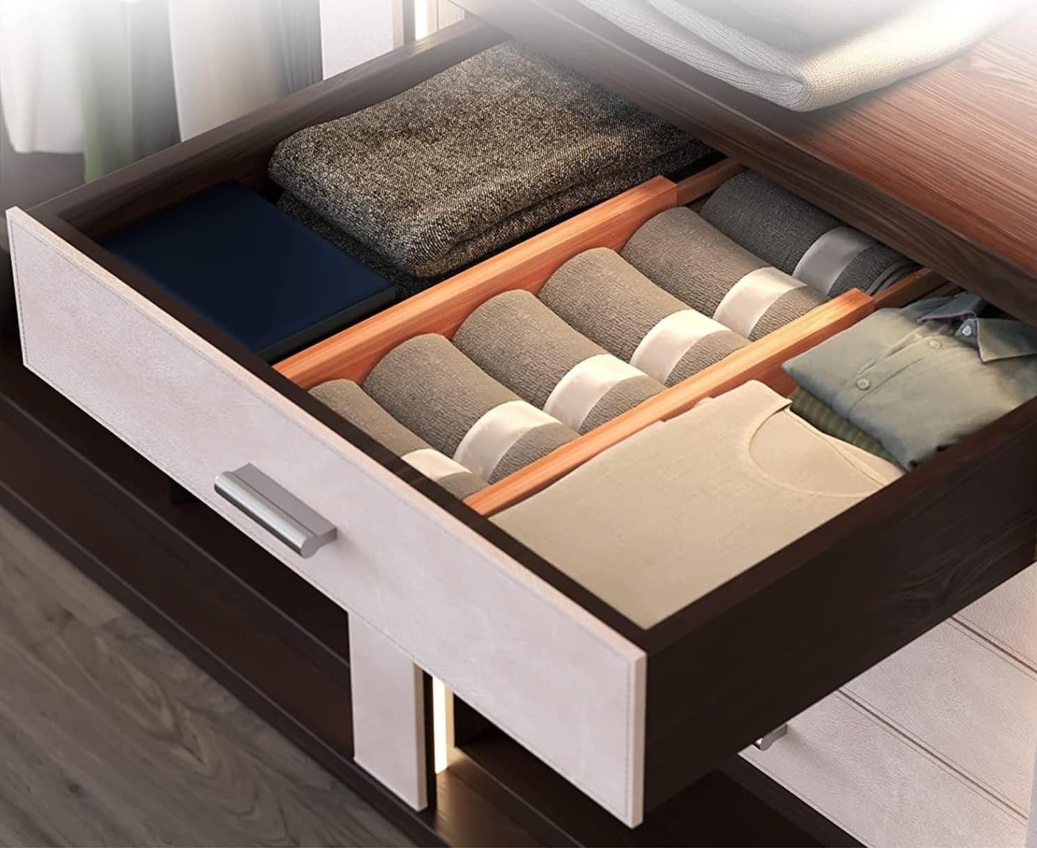 Expandable Bamboo Drawer Organizers 8-Pack with Labels (17-22 Inches) - Kitchen Utensil & Silverware Organizer, Dresser & Closet Dividers, Office Desk Storage Solution for Home Organization