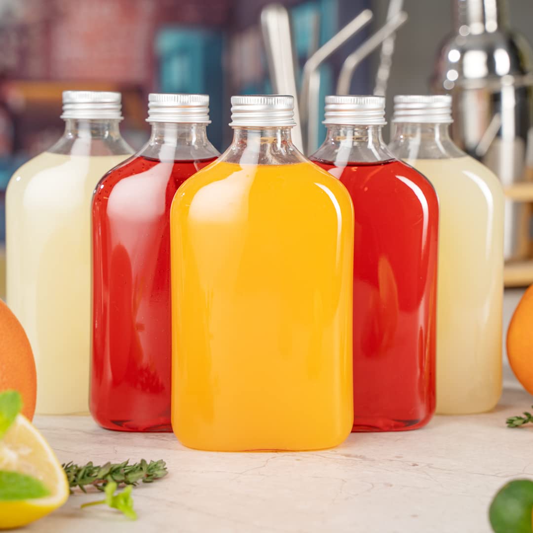 Restaurantware Bottle Tek 10oz Empty Plastic Liquor Bottles (100-Pack) with Aluminum Lids - Clear Disposable Flasks for Juice, Ginger, Sauces & Party Favors | Perfect for Bars, Catering & DIY Cocktail Kits