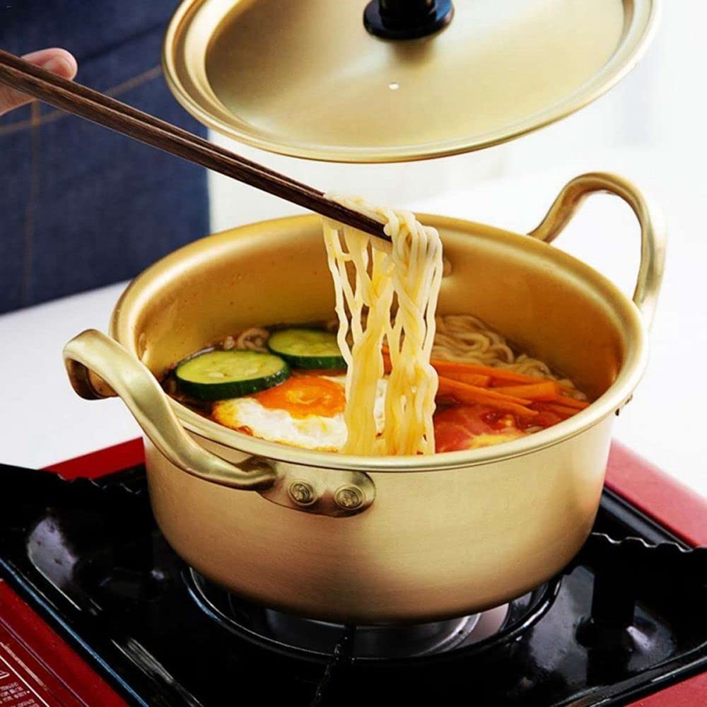 CHENJIE 14CM Golden Noodles Pot - Korean Ramen Cookware, Aluminum Soup Pot with Lid for Milk, Egg & Noodle Soup - Perfect for Small Kitchen Cooking, Dorm Room Meals & Camping Trips