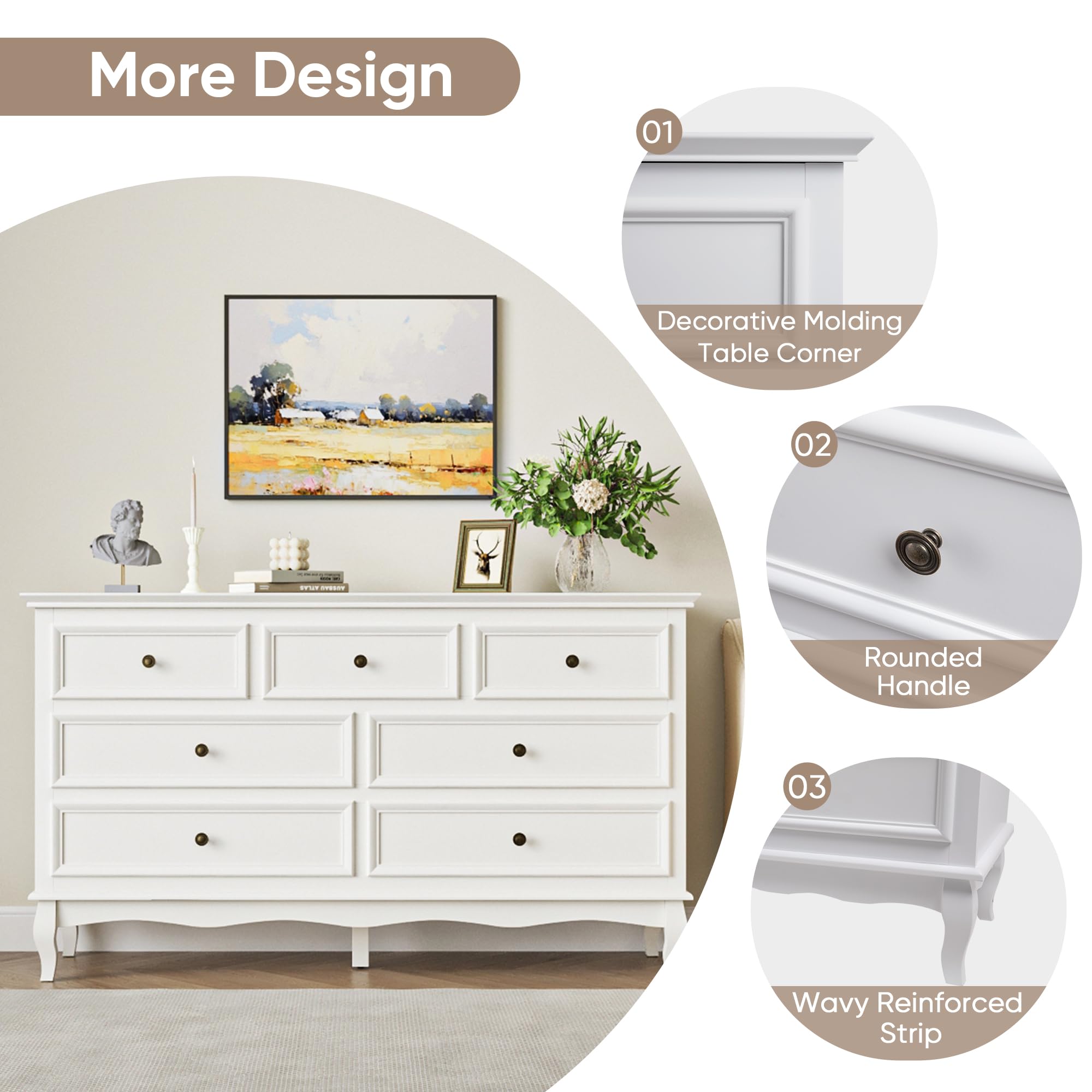 RoyalCraft White 7-Drawer Dresser for Bedroom - Modern Wooden Chest of Drawers with Solid Wood Legs & Painted Finish - Storage Cabinet Organizer for Clothes, Bedding, Accessories - Perfect for Bedroom, Living Room & Hallway Organization