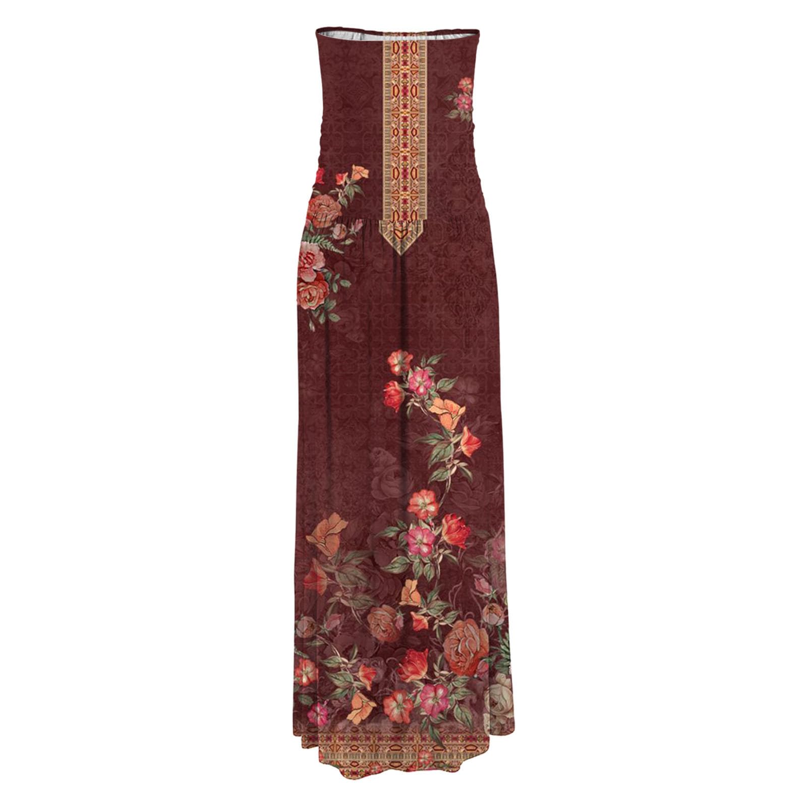 Strapless Floral Bodycon Maxi Dress - Summer Boho Sundress with Pockets for Beach & Party