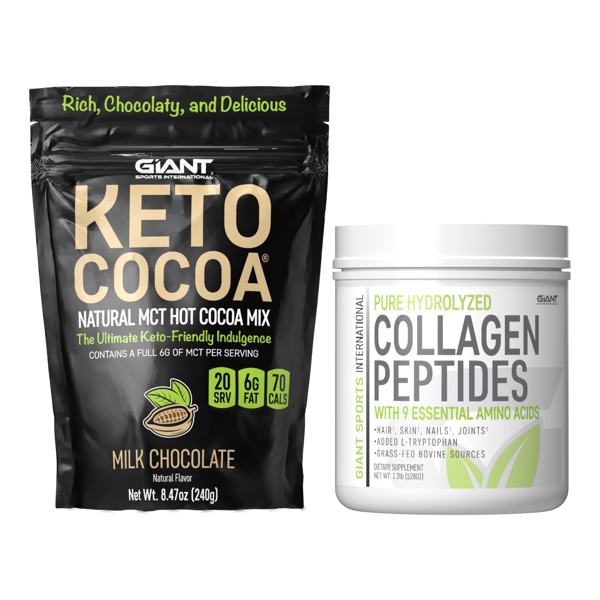 Giant Sports Keto Cocoa Collagen Peptide MCT Powder & Protein Bundle - Low Carb High Protein Supplement for Weight Loss & Muscle Recovery - Perfect for Keto Diet, Post-Workout & Healthy Lifestyle