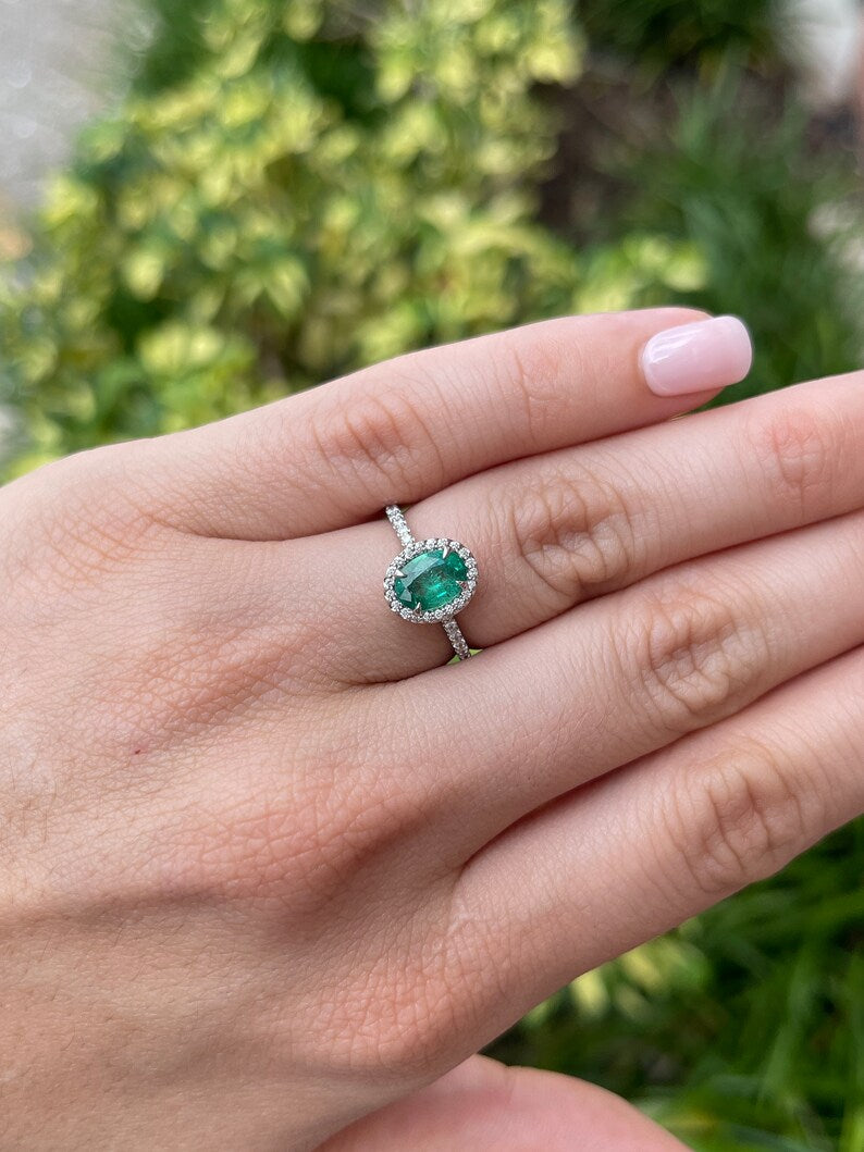 1.50tcw Natural Oval Cut Lush Green Emerald & Diamond Halo Engagement Ring in 14K Gold - Perfect for Proposals, Anniversaries & Special Occasions