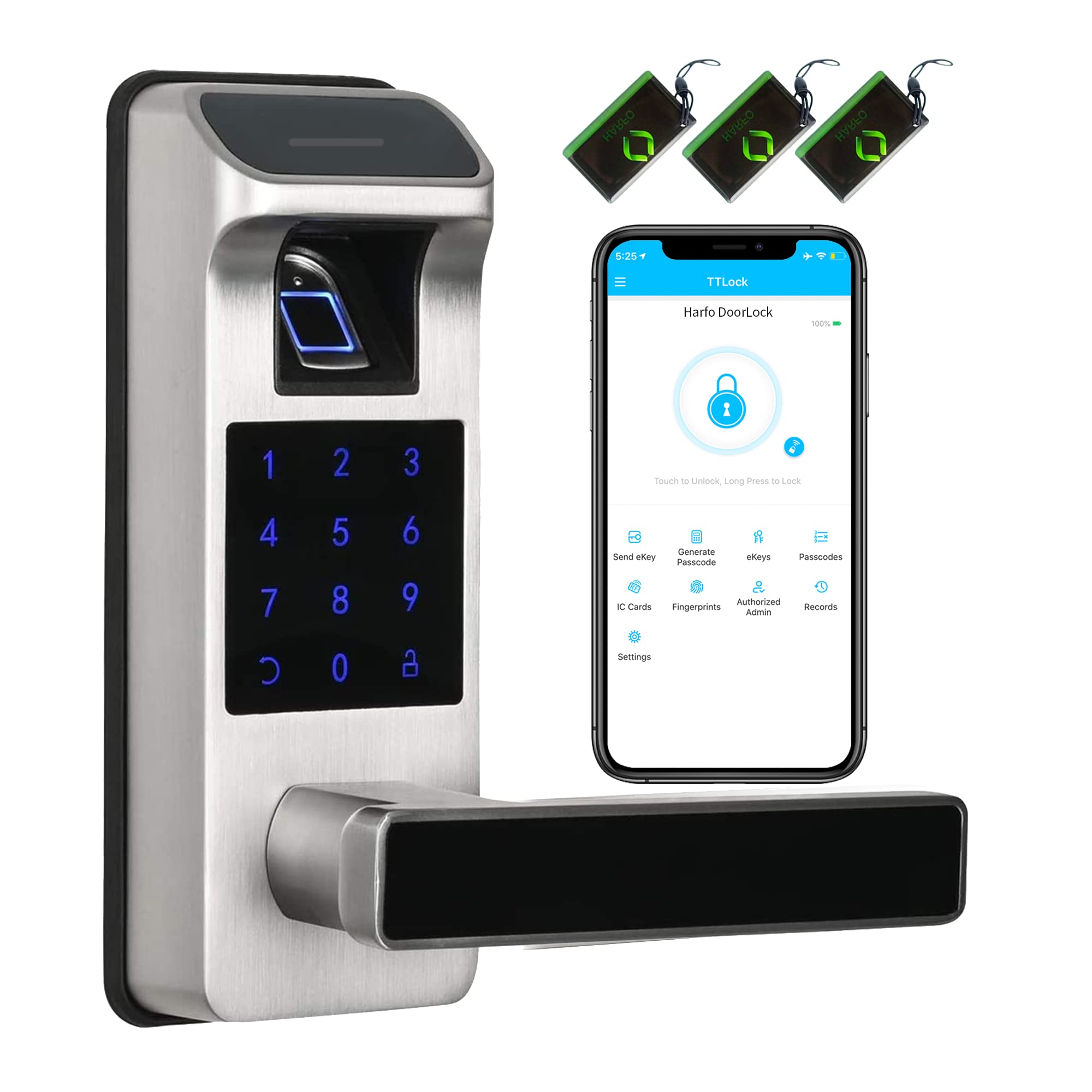 Harfo Smart Door Lock - Keyless Entry Fingerprint & Keypad Electronic Door Lock with Full App Control - Heavy Duty Digital Security for Homes & Offices (Satin Nickel) - Perfect for Modern Smart Homes & Apartments