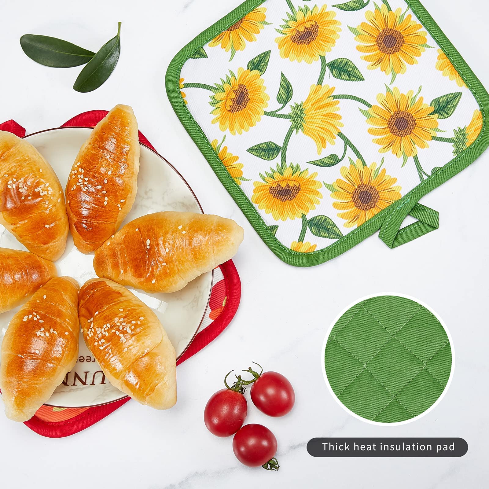 Heat Resistant Oven Mitts and Potholders Set - 100% Cotton Kitchen Accessories for Baking, Cooking & Gifting - Machine Washable & Durable (3-Piece Sunflower Design) - Perfect for Holiday Baking, BBQ Grilling & Everyday Kitchen Use