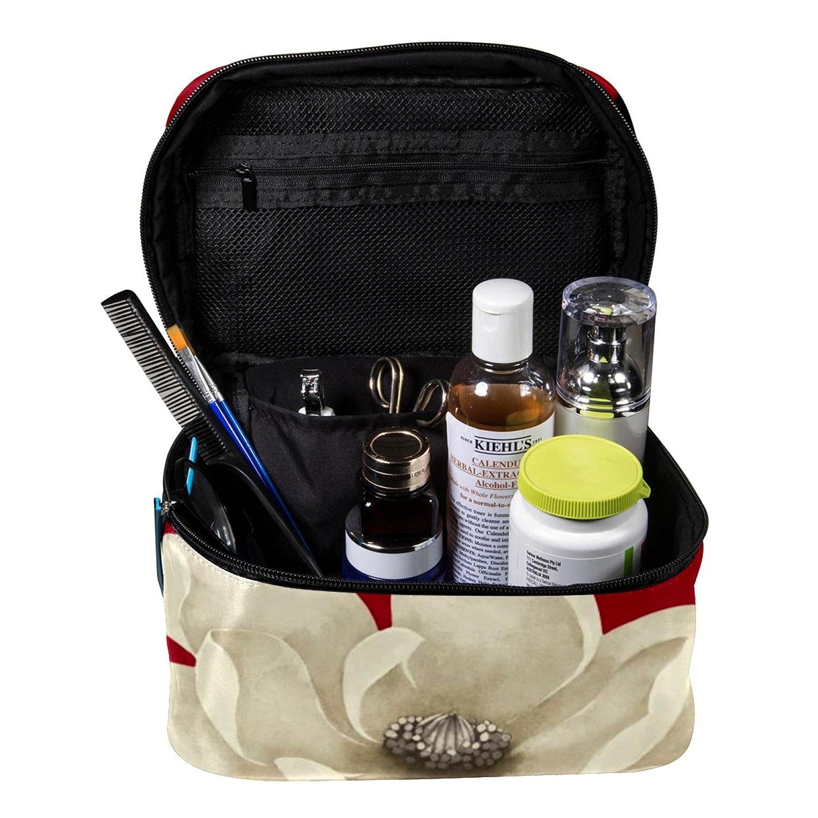Large White Floral Red Pattern Travel Makeup Bag - Waterproof Cosmetic Organizer Case with Zipper for Women & Girls - Perfect for Vacation, Gym, and Daily Essentials Storage