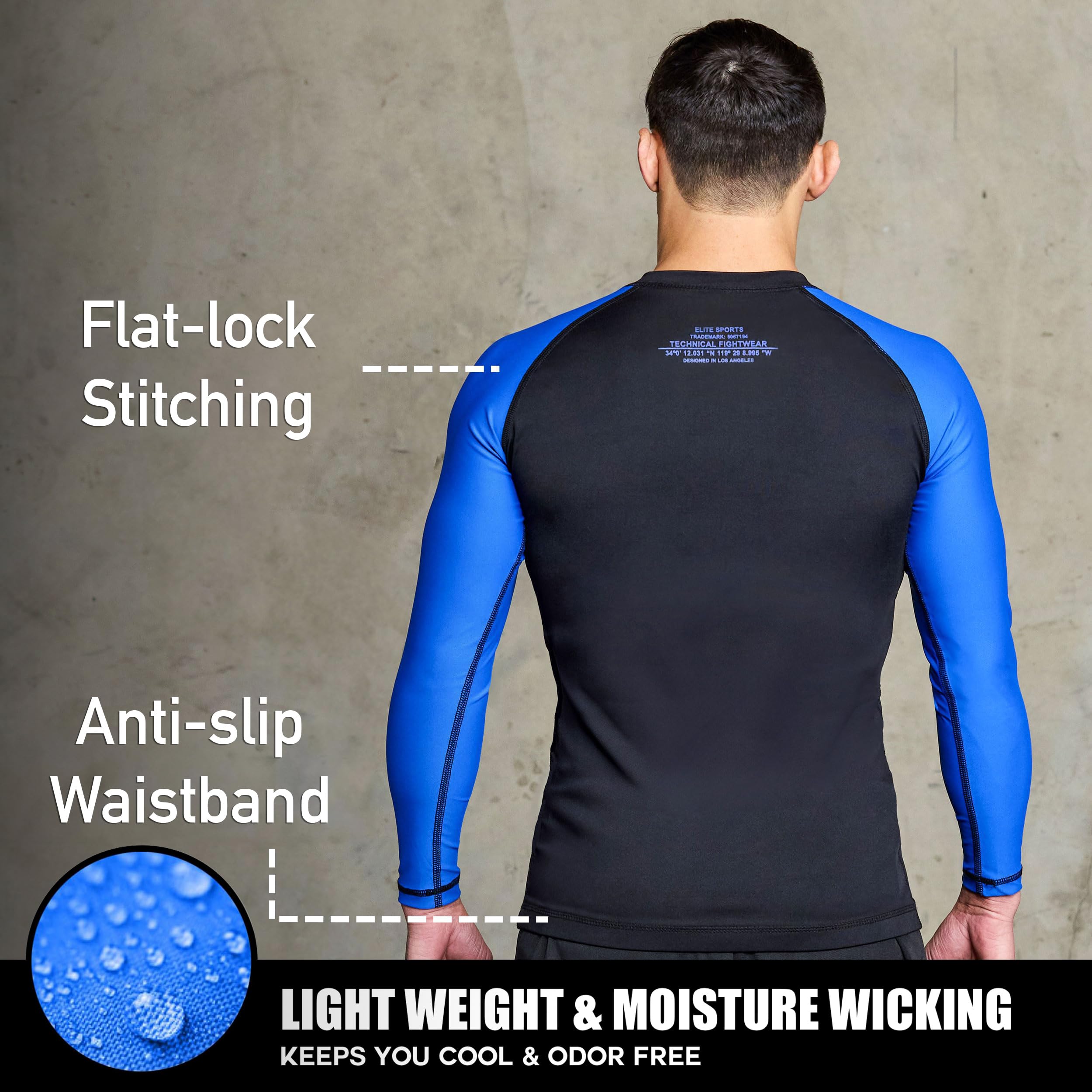 Elite Sports Men's Jiu Jitsu BJJ Rash Guard - Long Sleeve Compression Shirt for MMA, No-Gi Training & Brazilian Jiu-Jitsu - Moisture Wicking & UV Protection for Grappling, Wrestling & Combat Sports
