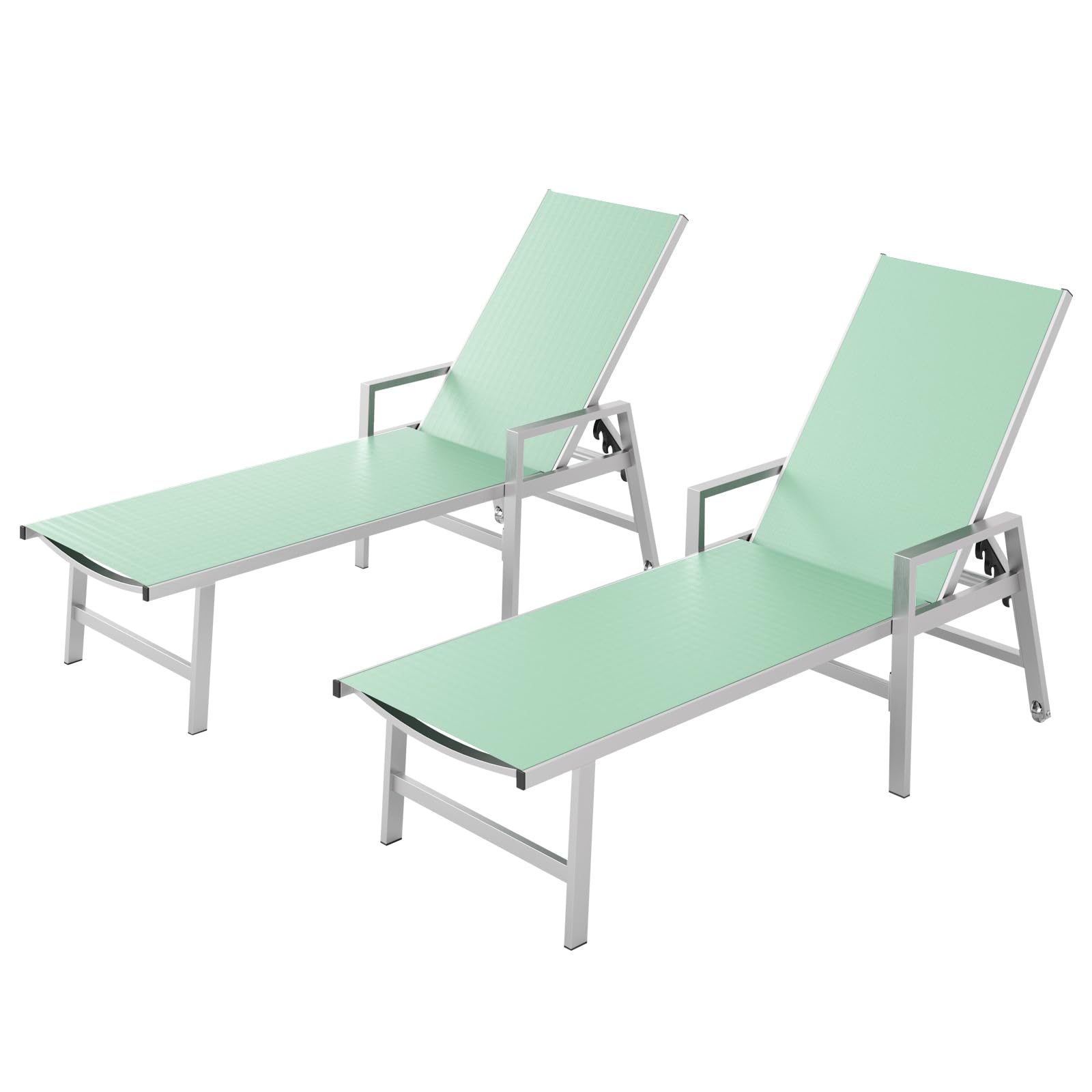 Premium Aluminum Adjustable Recliner Chaise Lounge Chairs Set of 2 - 5-Position Outdoor Poolside Lounge with Wheels & Armrests - Light Green Patio Furniture for Beach, Deck, Yard & Backyard Relaxation