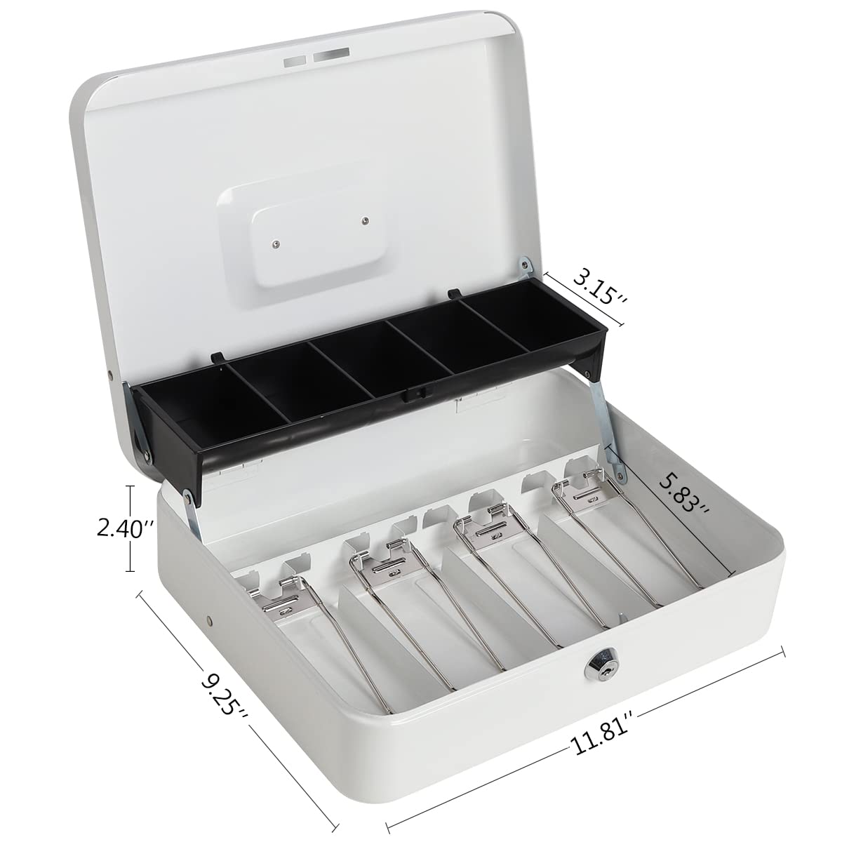 Heavy Duty Metal Cash Box with Key Lock - Large Money Storage Box with 5 Compartments & 4 Bill Clips (11.8