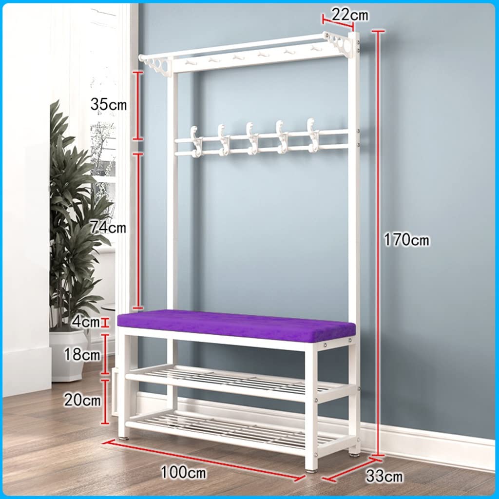 4-in-1 Entryway Hall Tree with Shoe Bench & Coat Rack - White Purple Storage Bench with 5 Double Hooks (100x33x170cm) - Perfect for Small Spaces, Apartments & Mudroom Organization