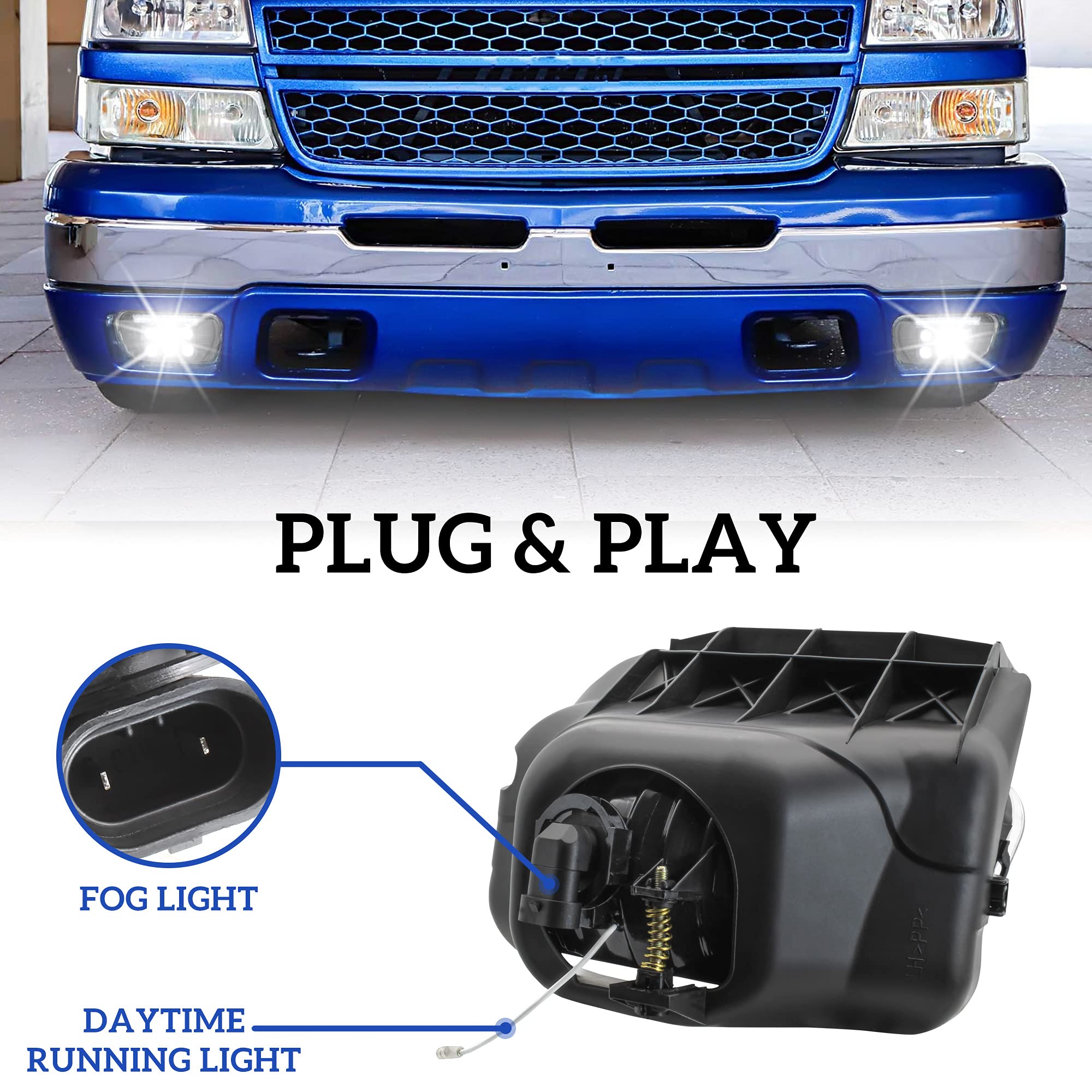 KEWISAUTO LED Bumper Fog Lights with DRL for 2002-2006 Chevy Silverado 1500/2500HD/3500HD & Avalanche - Bright Daytime Running Lights & Fog Light Assembly - Perfect for Night Driving and Off-Road Adventures