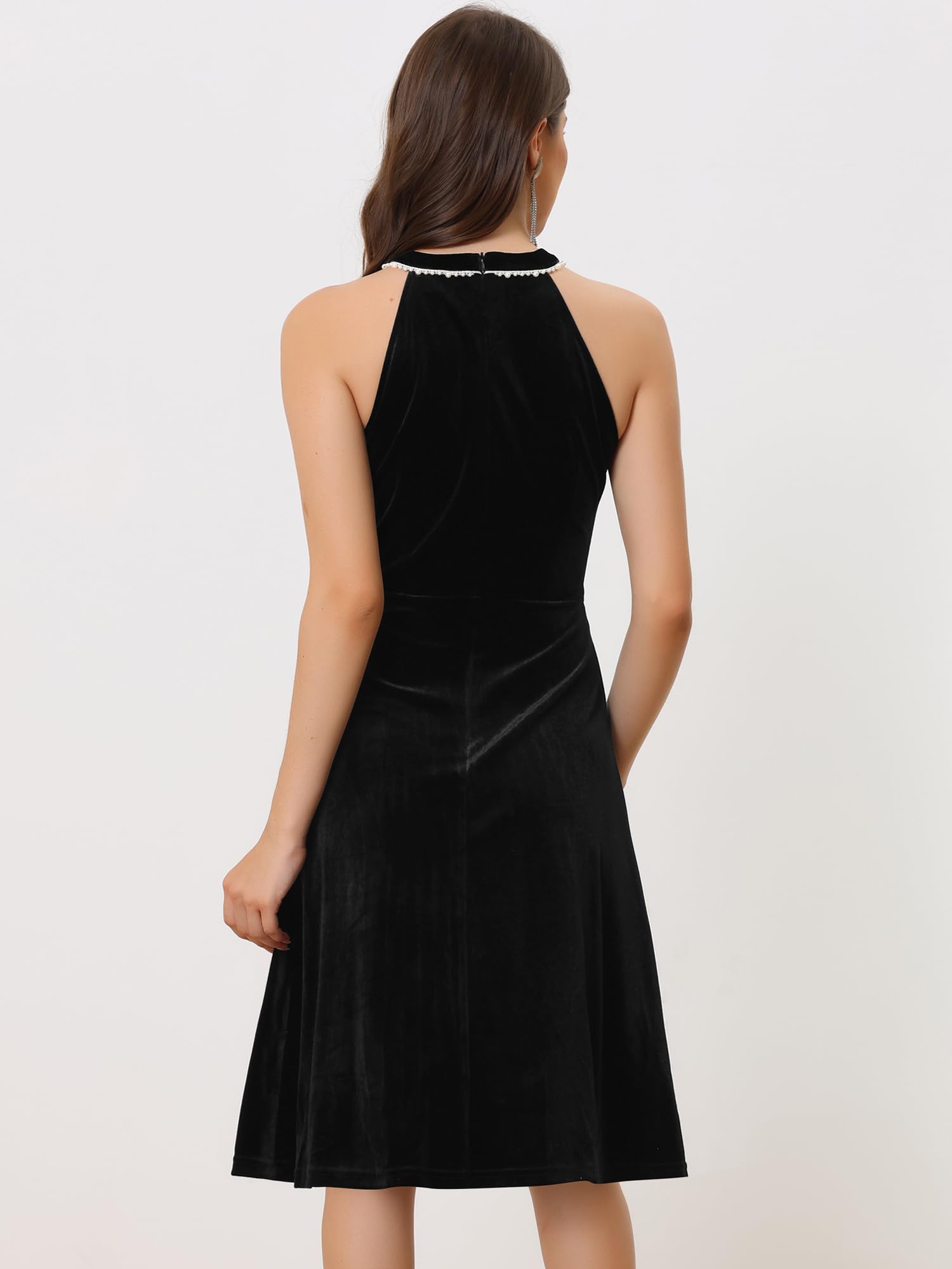 Allegra K Women's Formal Velvet Halter Neck Sleeveless Cocktail Dress with Pearl Details - Perfect for Evening Parties, Weddings & Holiday Events