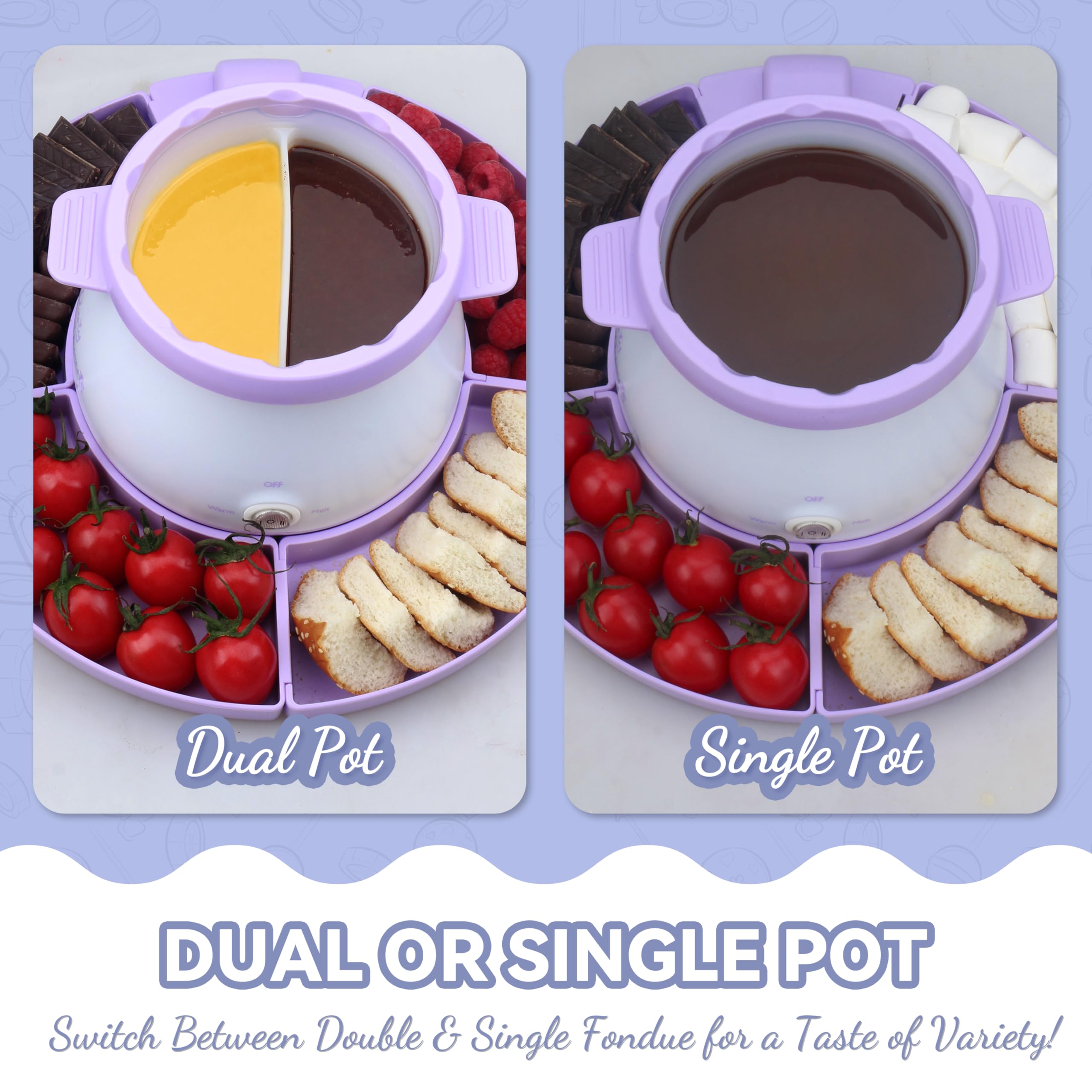 Electric Fondue Pot Set with 2 Pots - Chocolate & Candy Melting Warmer for Dipping, 2.5 Cups Capacity, Includes Fondue Forks - Perfect for Parties, Valentine's Day & Family Gatherings (Lavender)