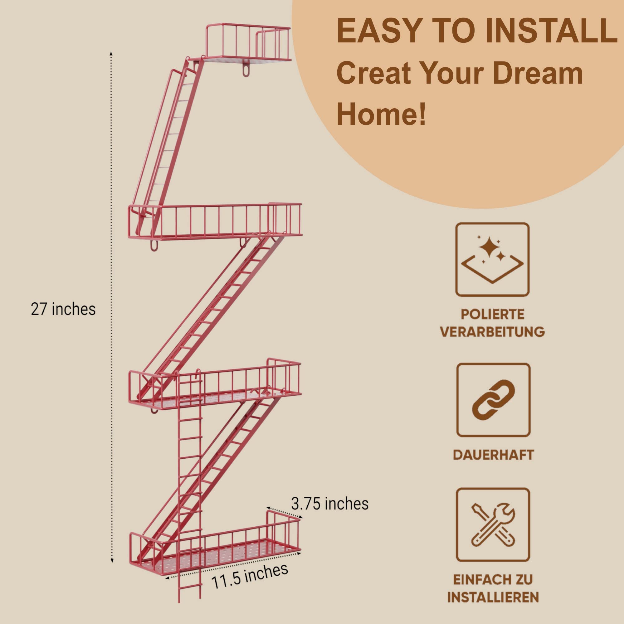 4 Tier Fire Escape Wall Shelf - Modern Urban Style Decorative & Planter Shelf | Easy to Install Rustic Metal Floating Shelves for Living Room, Bedroom, Kitchen | Perfect for Indoor Plants, Books & Home Decor