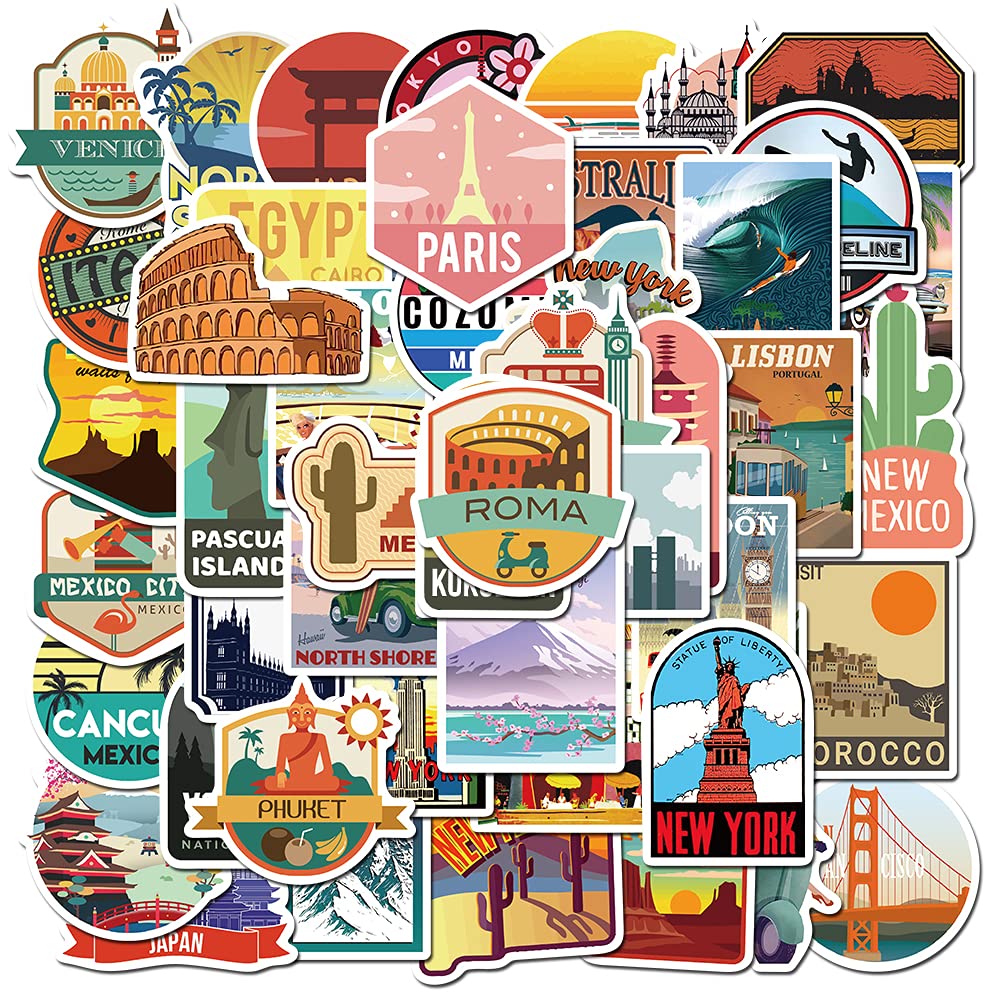 50Pcs Waterproof Vinyl Stickers Pack - Vintage Travel Decals for Luggage, Laptop, Scrapbook, Skateboard, Water Bottle & Phone - Perfect for DIY Crafts, Journaling & Personalizing Your Belongings
