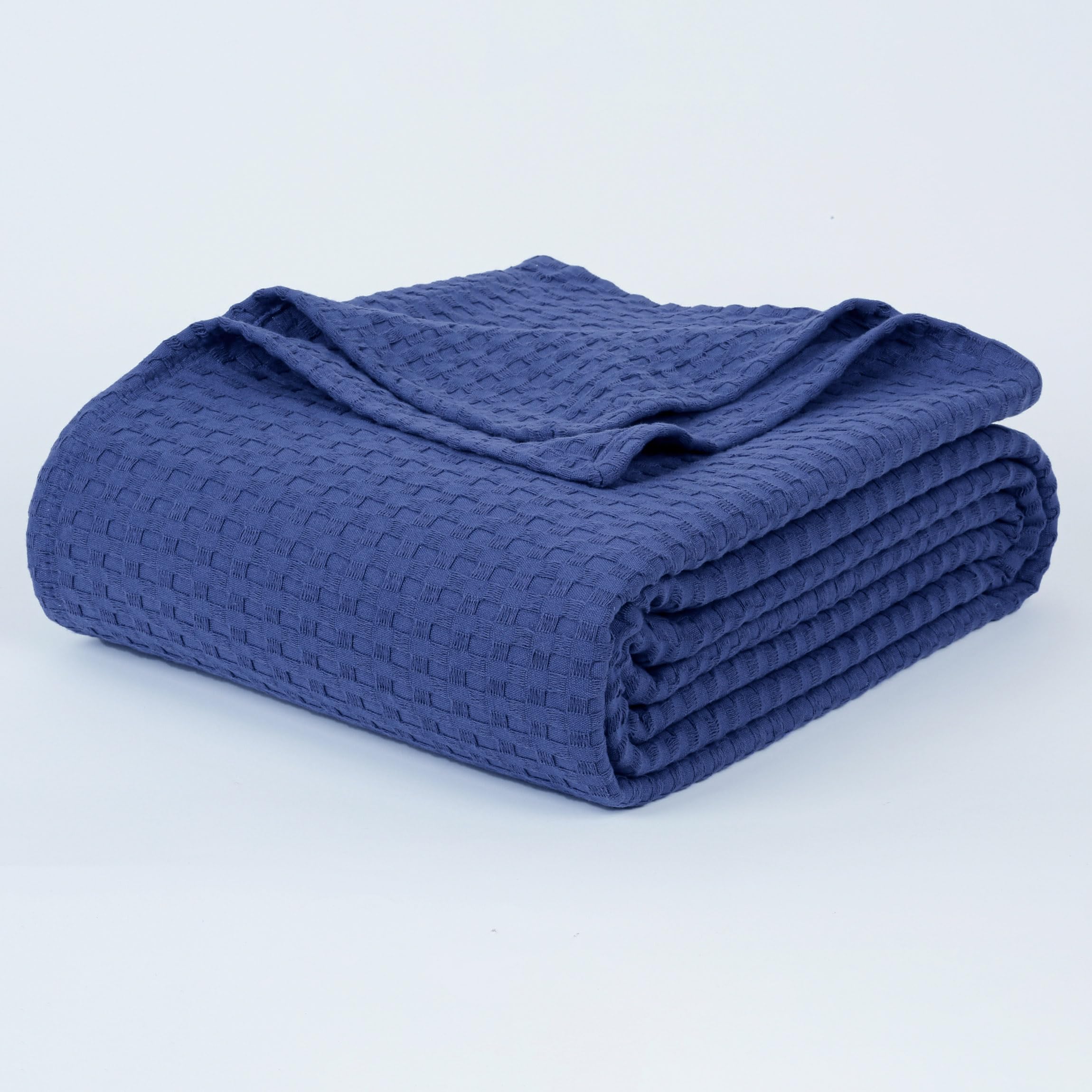 Tex Trend 100% Cotton Waffle Weave Queen Size Blanket - Lightweight & Breathable Cooling Bed Blanket for All Seasons, Navy Blue, 90x90 Inches - Perfect for Bedroom, Guest Room, Dorm, Sofa & Travel Use