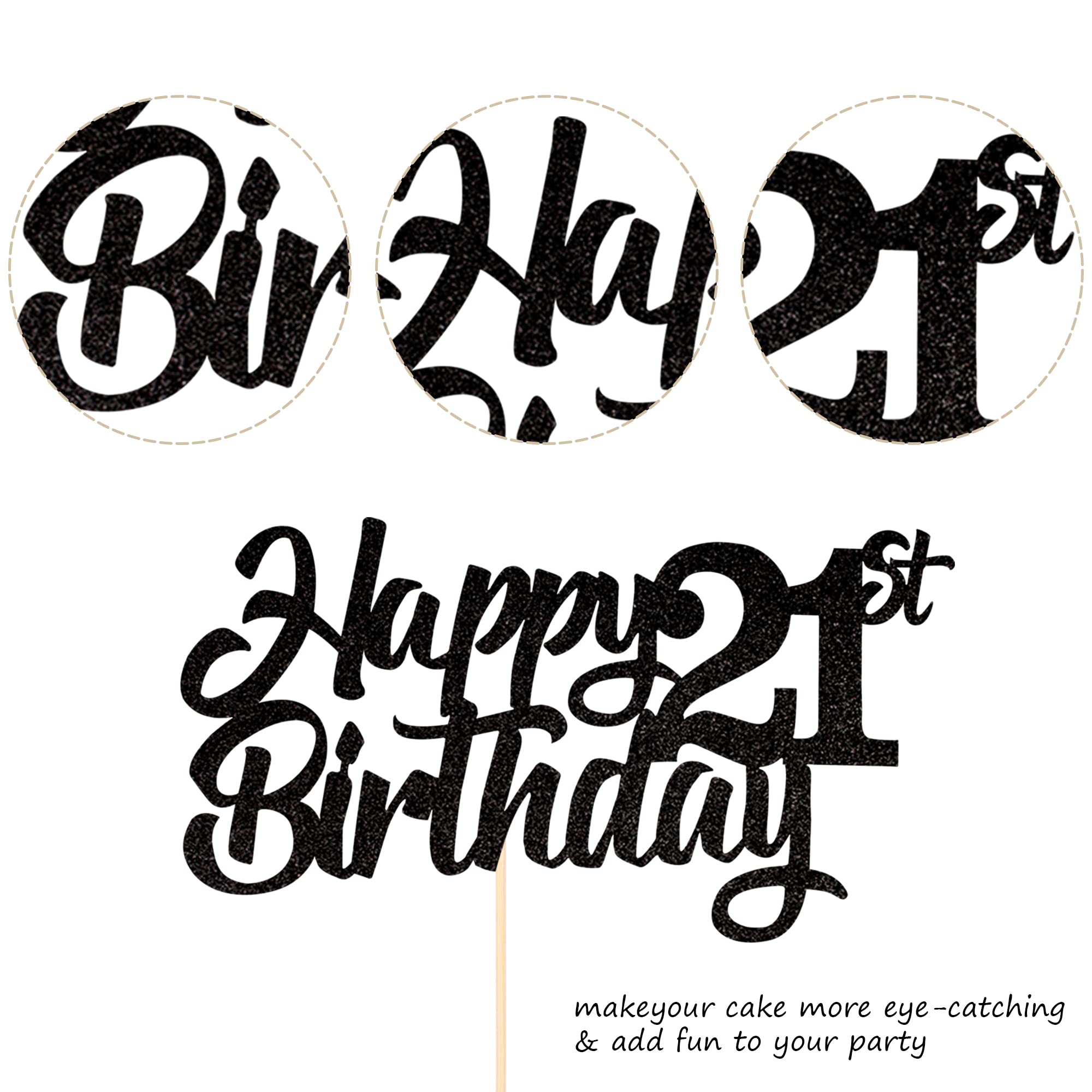 1 Pack Happy 21st Birthday Cake Topper - Glitter 21 Cake Picks, Cheers to 21 Years, Twenty One & Fabulous Cake Decorations for 21st Birthday Party Supplies (Black) - Perfect for Birthday Cakes, Cupcakes & Dessert Table Decor