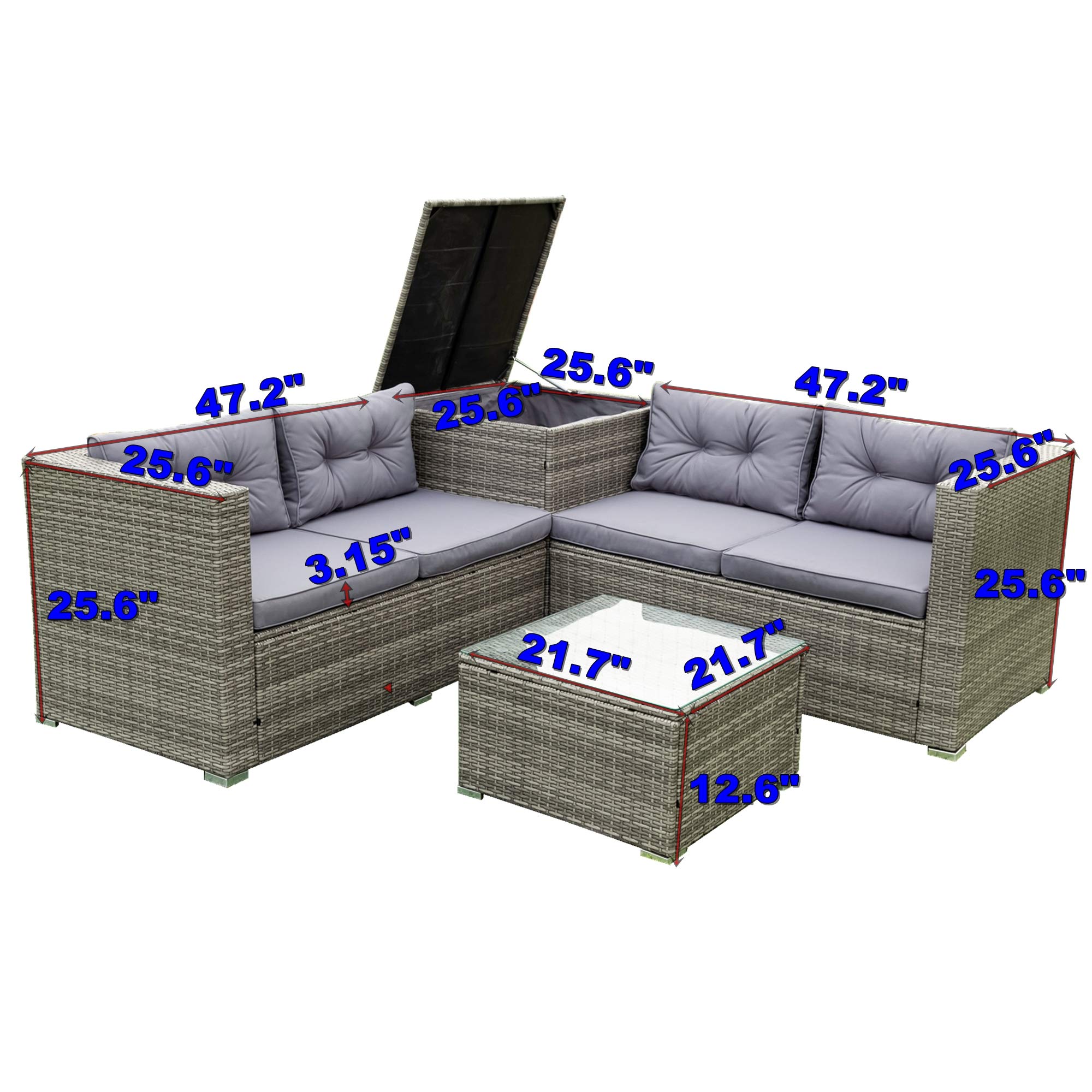 4-Piece All-Weather Outdoor Patio Furniture Set - Wicker Rattan Sectional Sofa with Storage Box & Washable Cushions, Glass Table - Perfect for Garden, Poolside, Porch & Backyard Relaxation