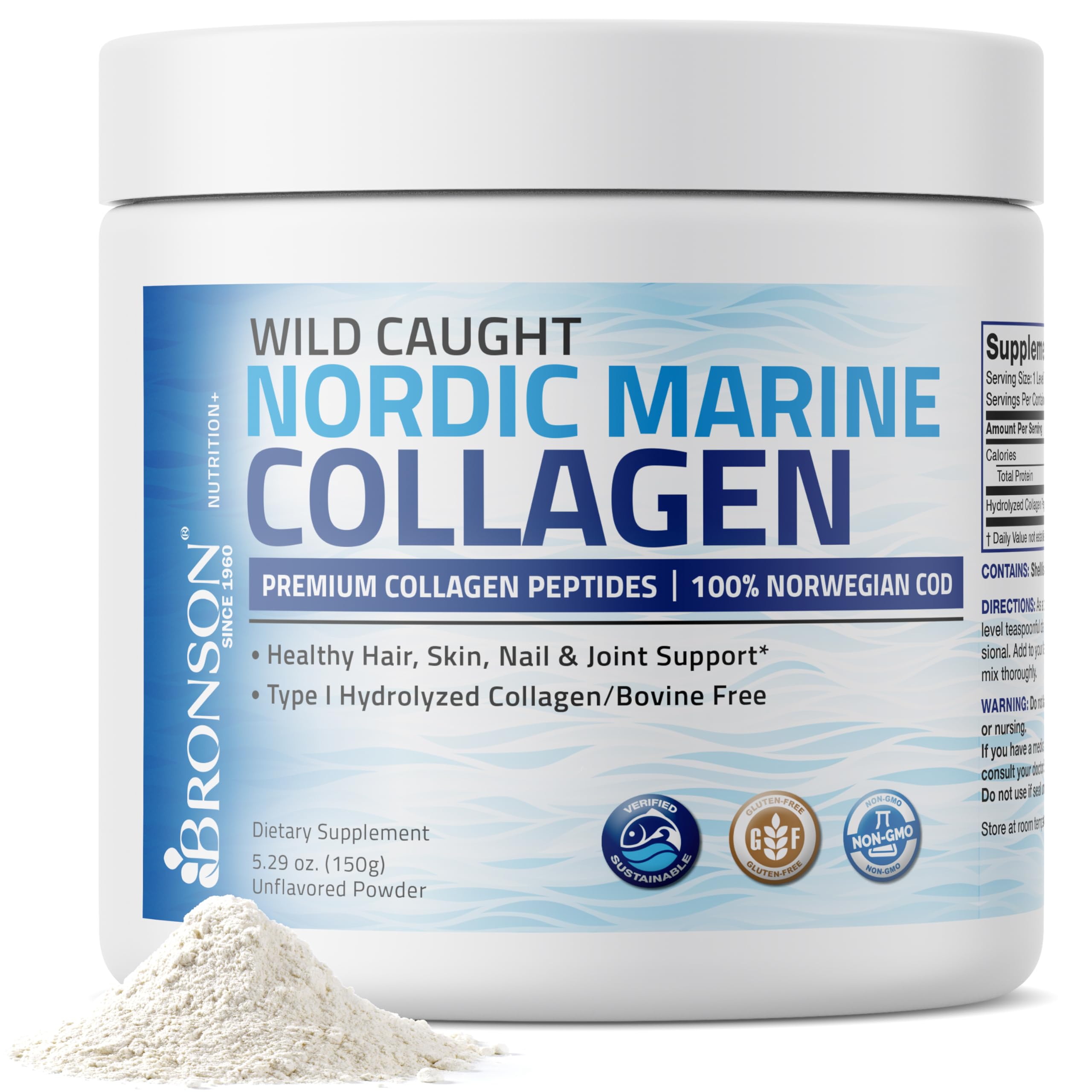 Bronson Marine Collagen Peptides Powder - Hydrolyzed Protein Supplement from Wild Caught Nordic Cod | Supports Joints, Skin, Hair, Nails & Bone Health | 150g (5.29oz) | Sustainable & Verified Source | Perfect for Smoothies, Coffee & Post-Workout Recovery