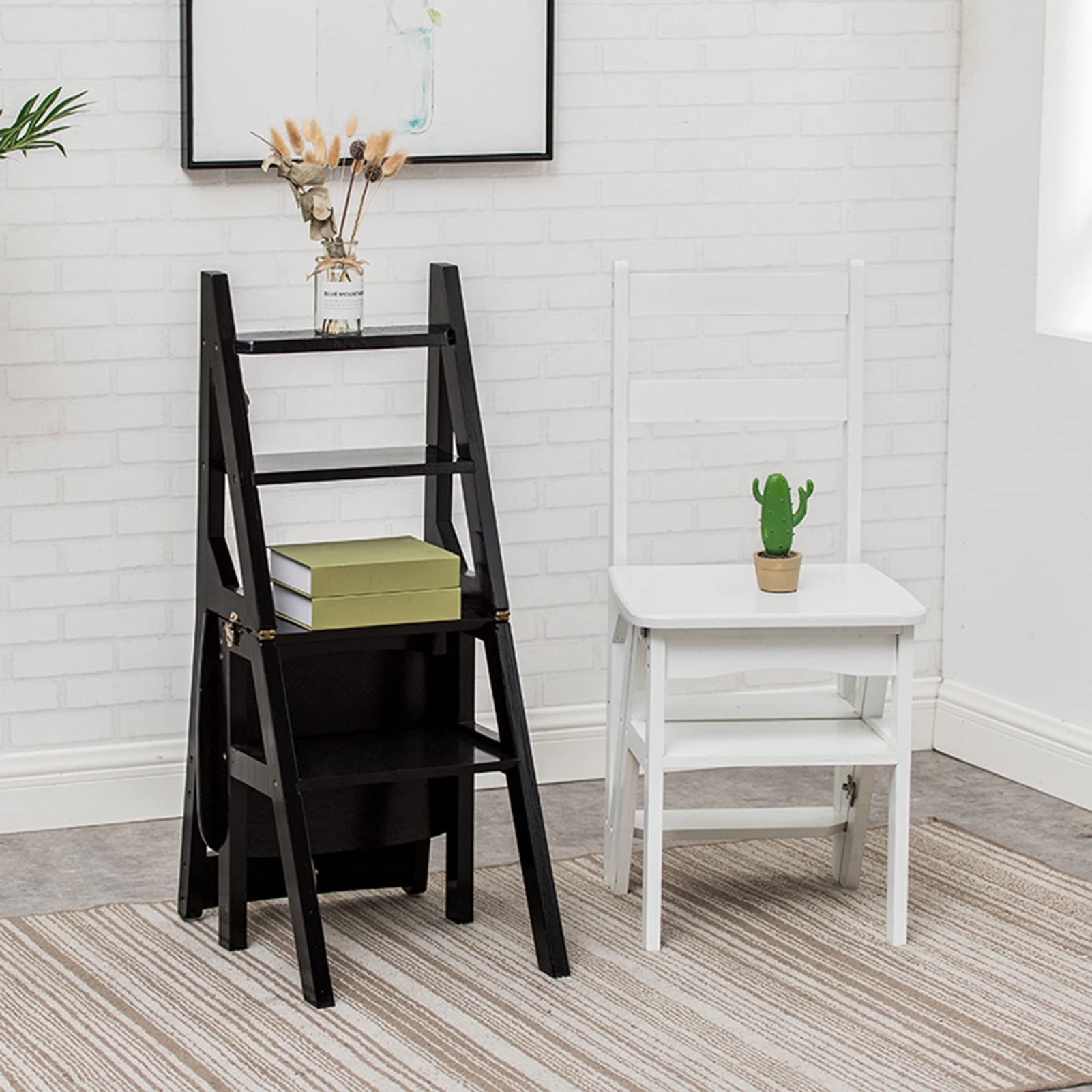 XHALERY 4-Step Folding Wooden Ladder Stool - Multifunctional Step Stool for Home, Library, Display Shelf, Flower Stand - Compact & Portable for Indoor/Outdoor Use