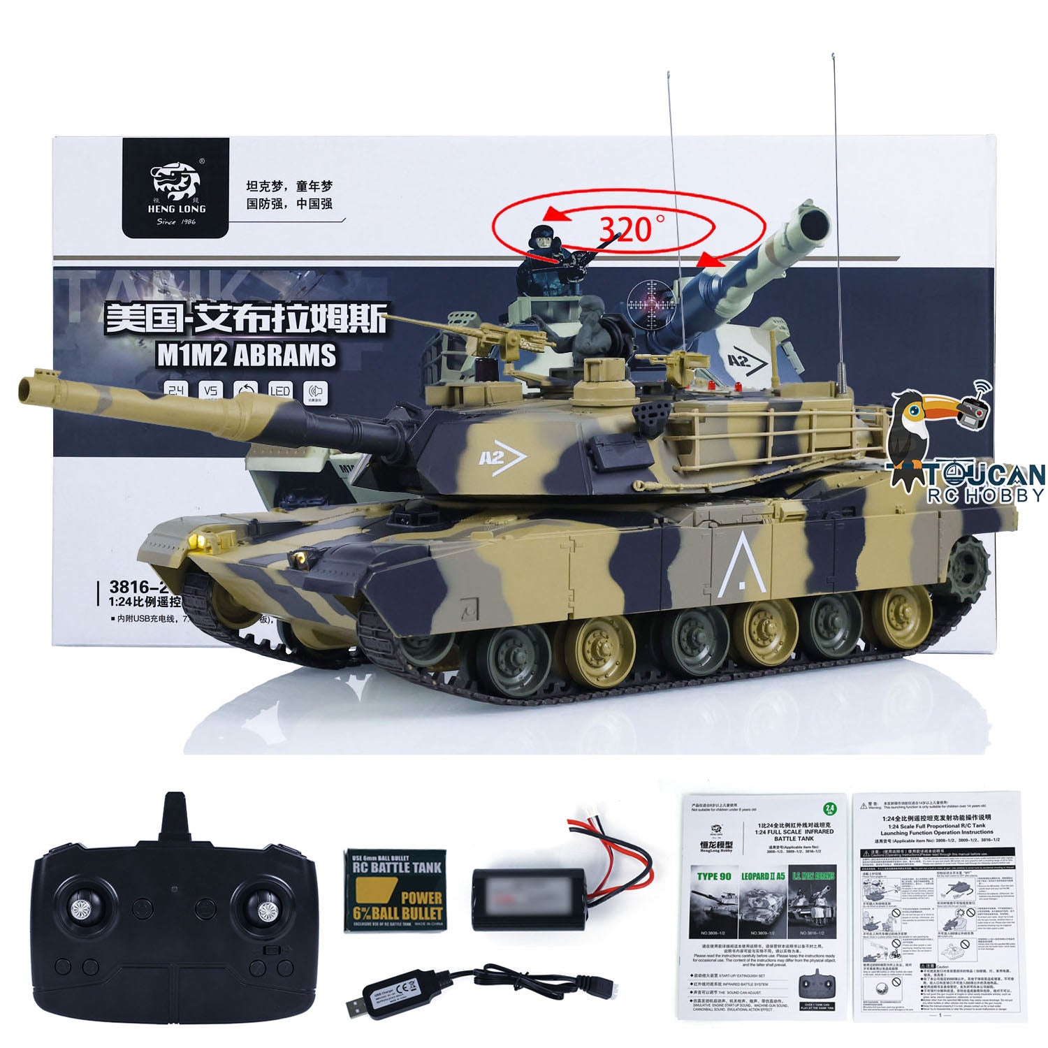 Heng Long 1/24 Scale RC Tank Abrams M1A2 3816 - 2.4GHz Remote Control Battle Vehicle, Realistic Military Panzer Simulation Model, Pre-Painted & Assembled - Perfect for Military Enthusiasts, Collectors and RC Battle Games