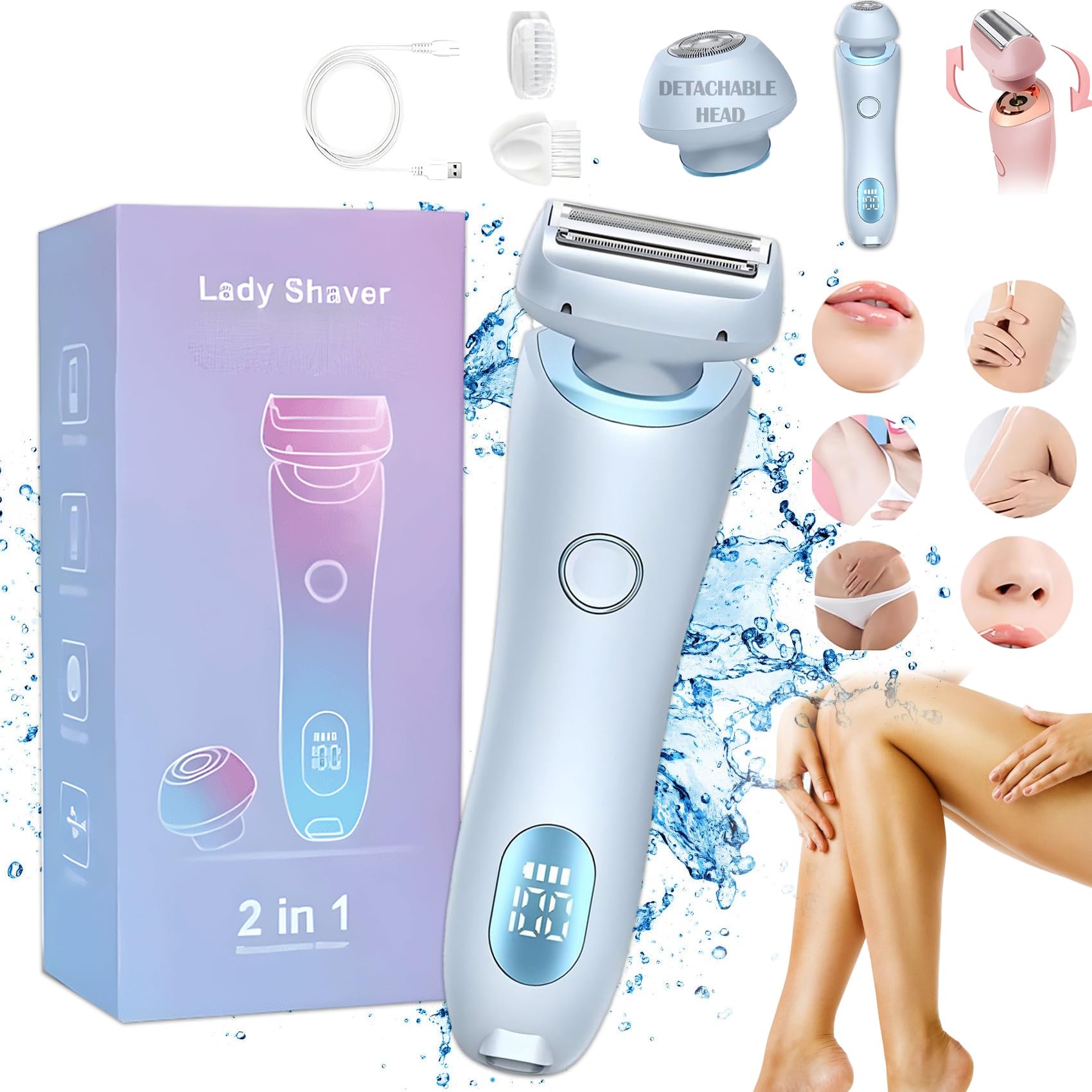 2025 New 2-in-1 Electric Shaver for Women - Rechargeable Wet/Dry Cordless Razor with LED Display (Blue) | Perfect for Travel, Gym & Quick Hair Removal at Home