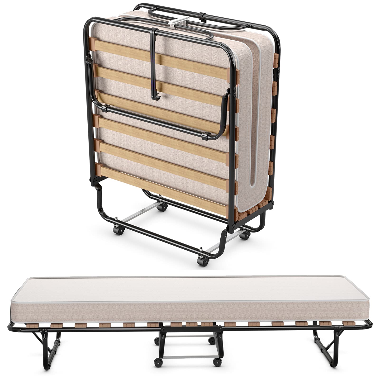 **Foldable Rollaway Bed with Memory Foam Mattress - Portable Guest Bed with Steel Frame & Casters for Adults - Home, Office, or Travel Use - Made in Italy**