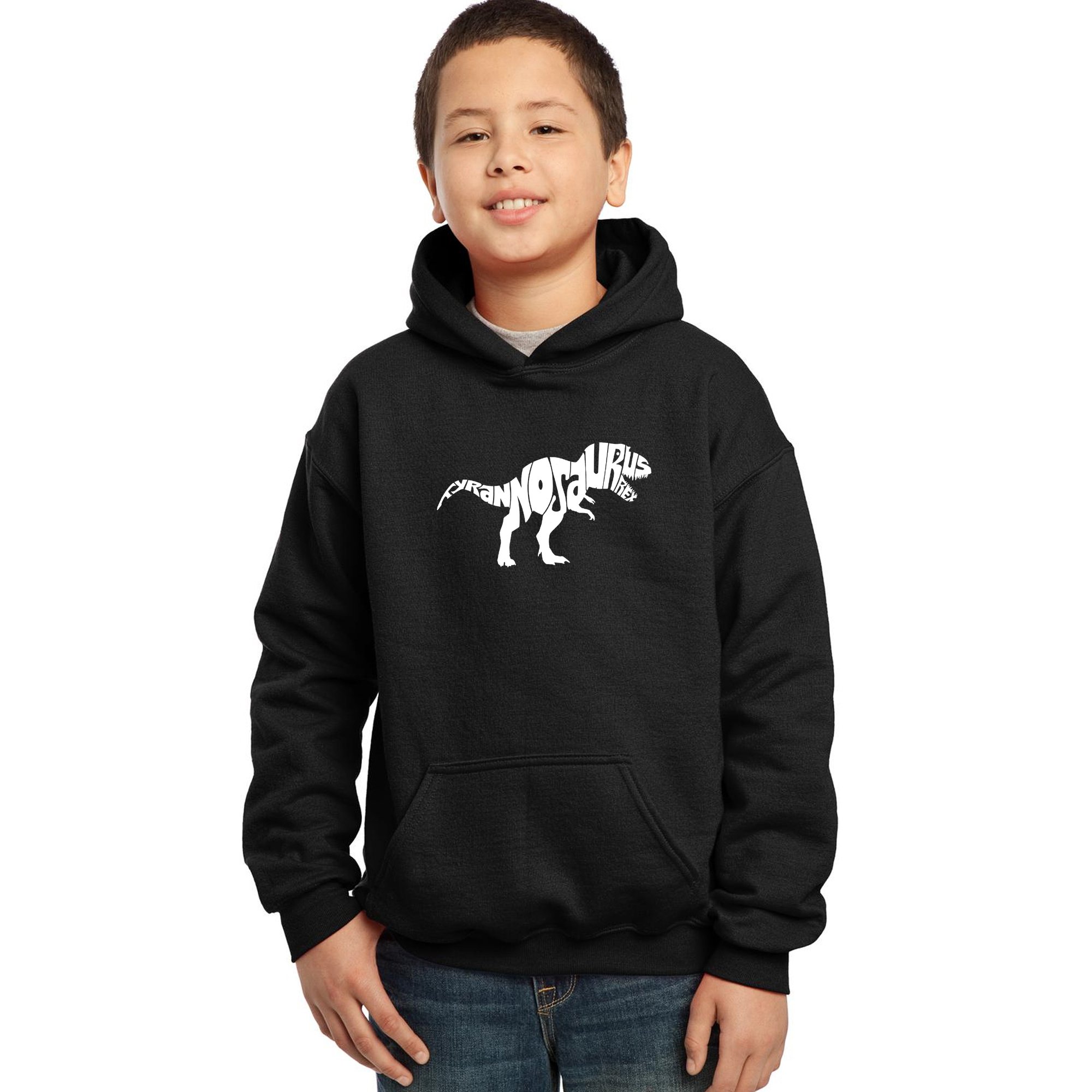 LA POP ART Boys' Dinosaur Word Art Hooded Sweatshirt - Cool T-Rex Graphic Pullover for Kids | Perfect for School, Playdates & Dinosaur-Themed Parties