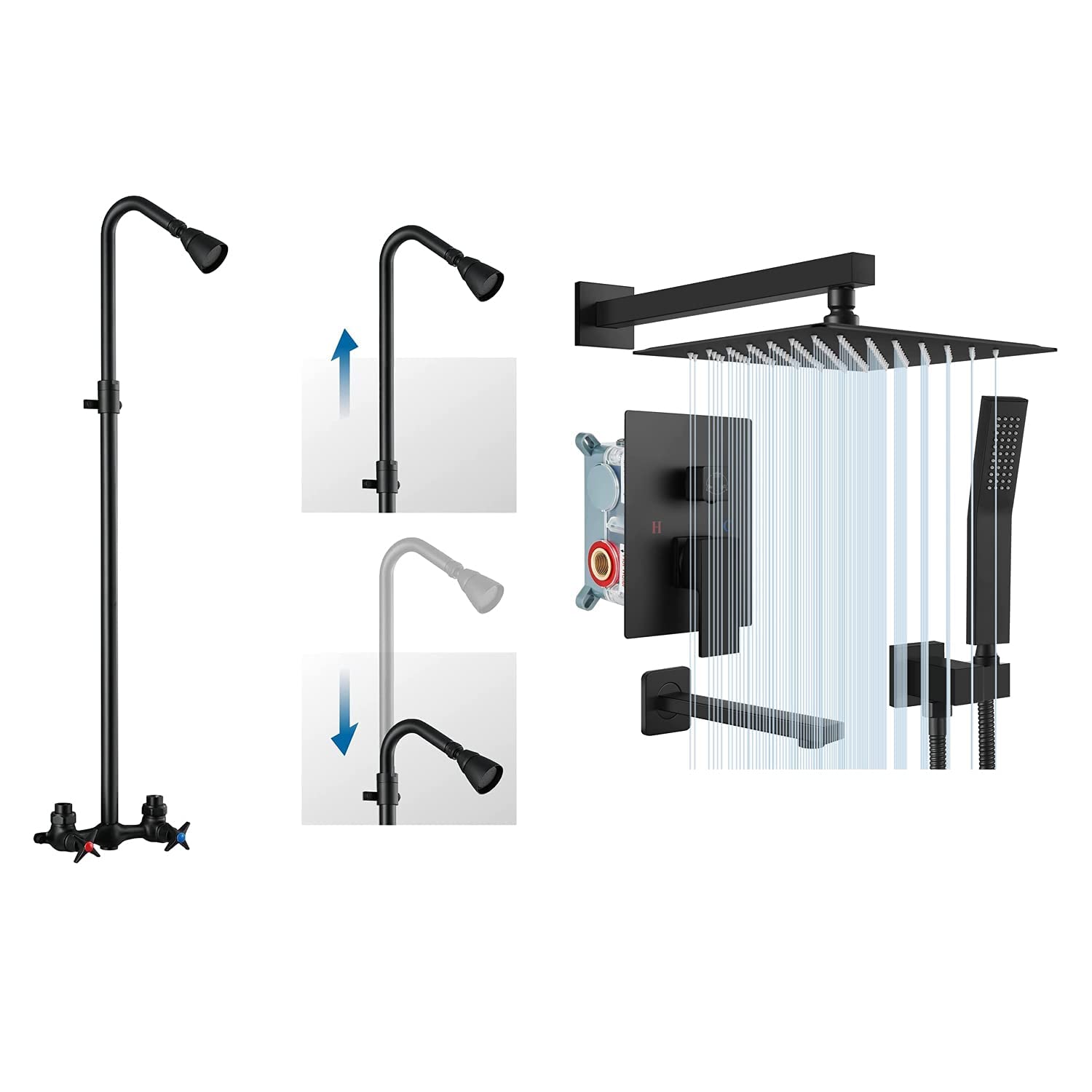 Premium Outdoor Shower Kit - Wall Mounted Adjustable Brass Matte Black Shower System with 12
