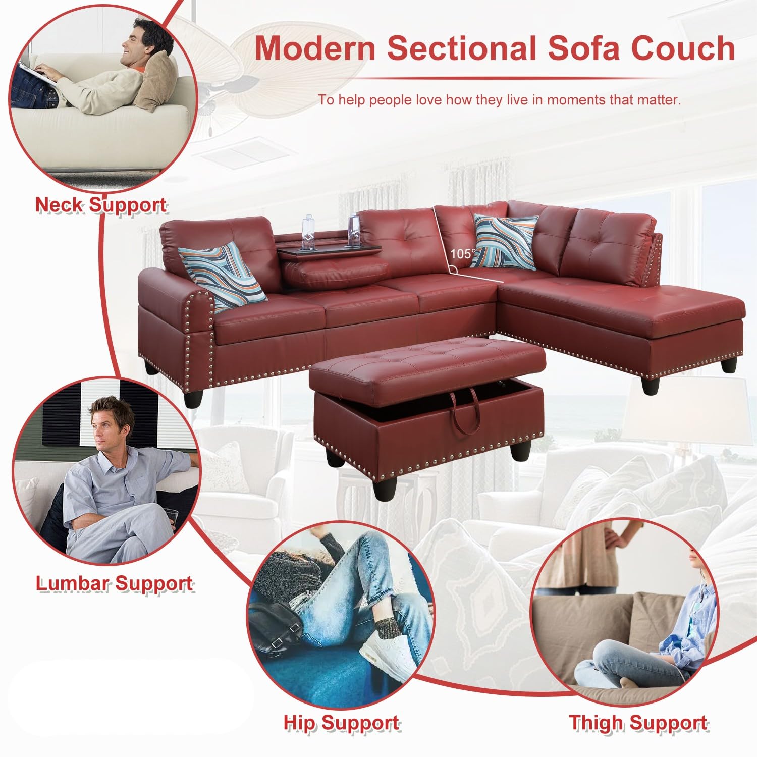 3-Piece L-Shaped Sectional Sofa Set with Storage Ottoman & Chaise Lounge - Faux Leather Modular Couch with Tufted Design, Foldable Console & Cup Holders - Red Living Room Furniture for Small Spaces & Apartments - Perfect for Movie Nights, Family Gatherings & Home Office Lounging