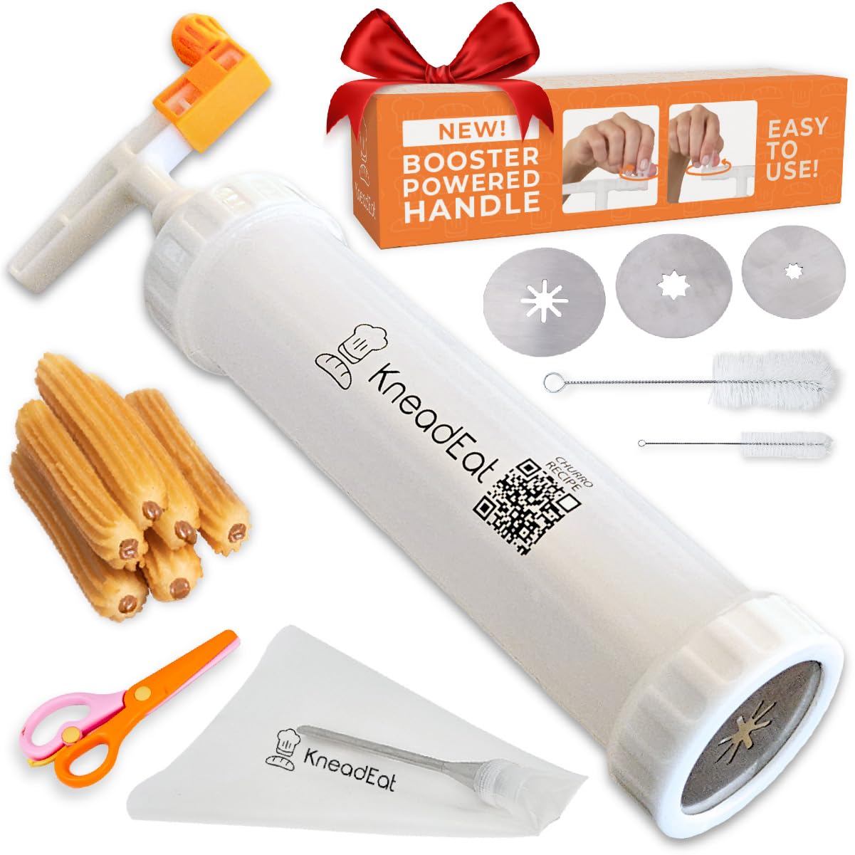 Electric Churro Maker Kit with Booster Handle - 3 Nozzle Churrera, Piping Bag & Scissors - Easy Homemade Churros with QR Recipe - Perfect for Parties, Desserts & Family Baking Fun