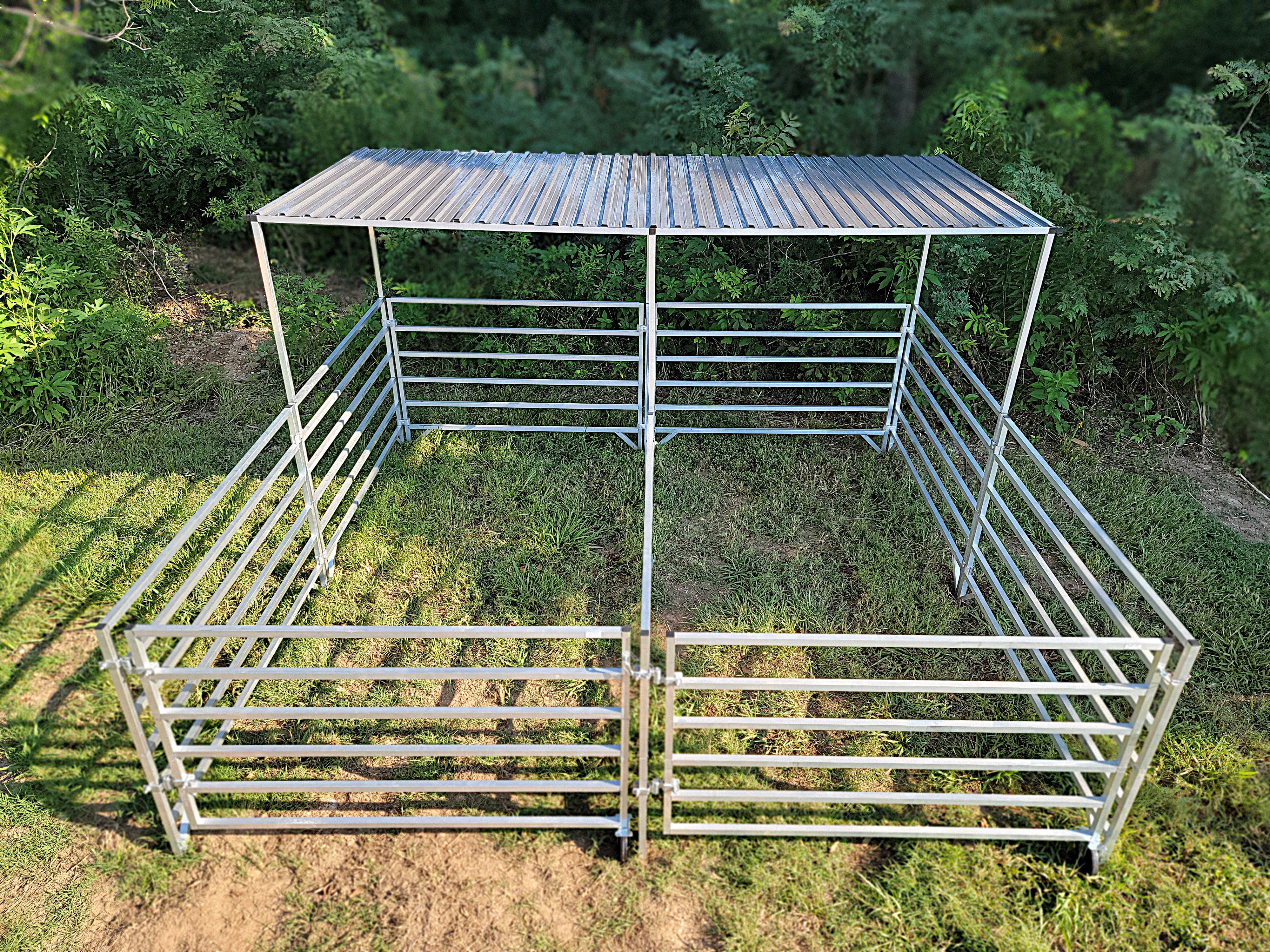 5 Ft X 10 Ft Aluminum 6-Rail Add-On Horse Stall Kit with Canopy (3 Panels, 1 Gate, 1 Canopy) - Durable Stable Fencing for Pastures, Barns & Equestrian Facilities
