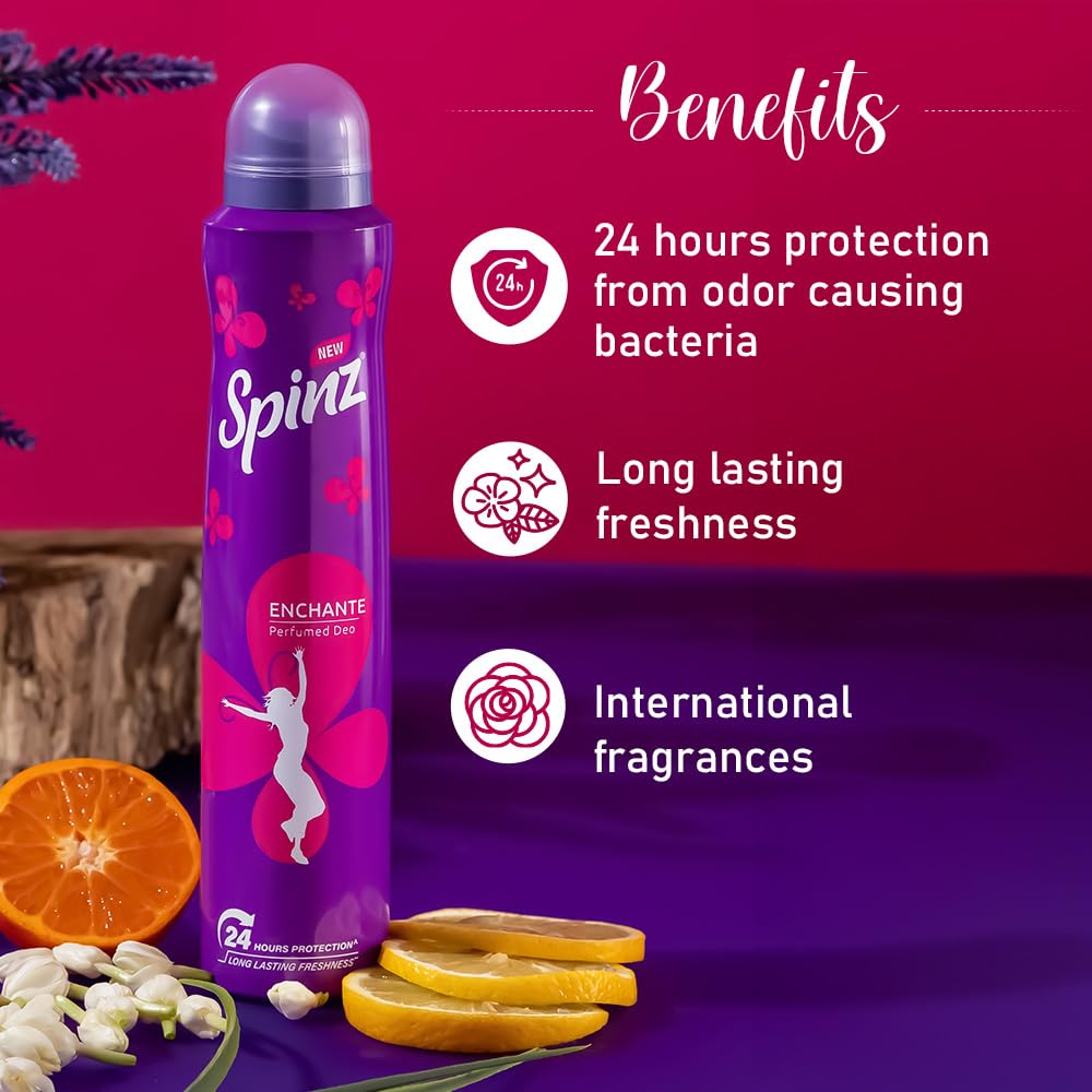 Spinz Enchante Perfumed Deodorant for Women - Long Lasting Freshness & 24-Hour Odor Protection with International Fragrances (200ml) - Perfect for Daily Use, Workouts & Travel