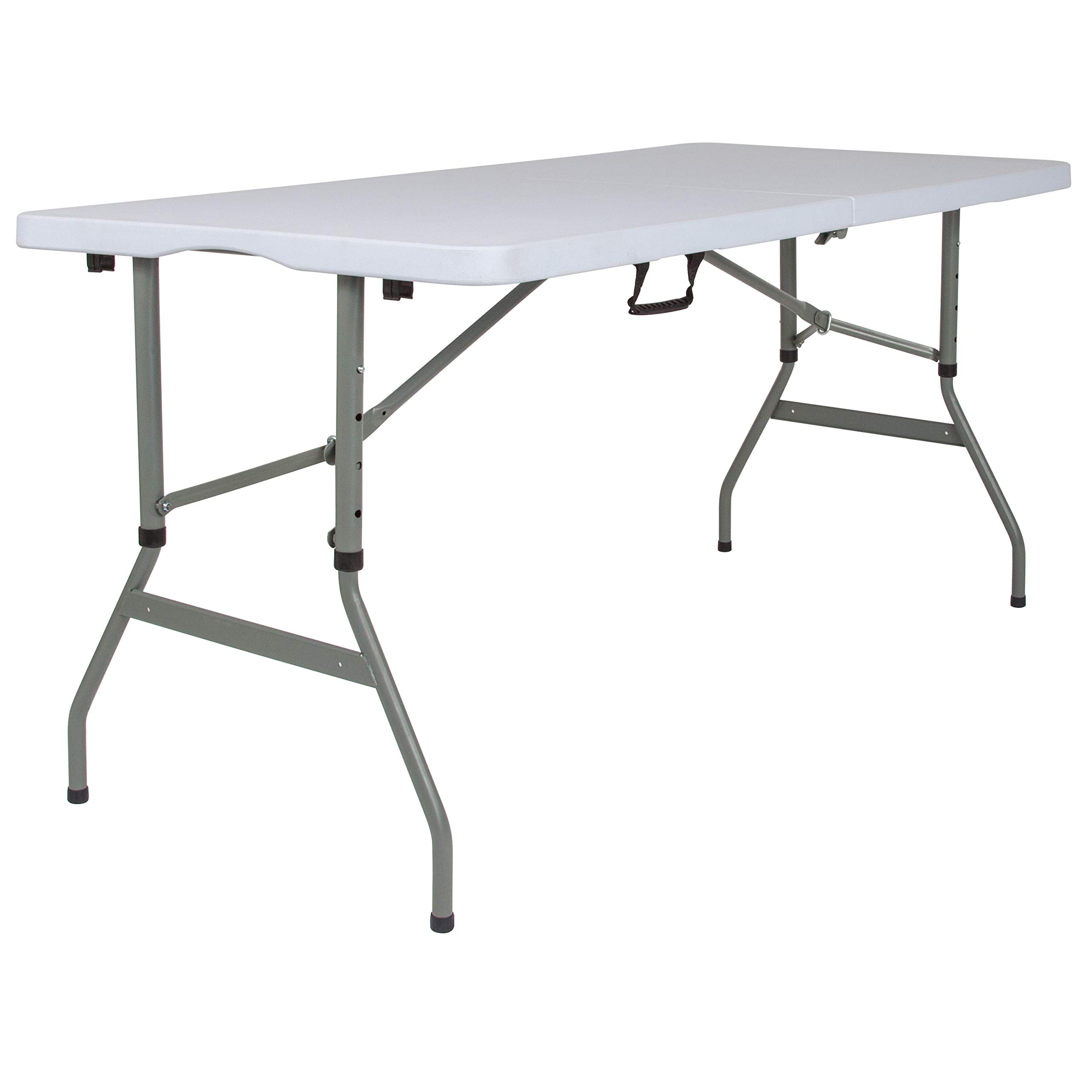 5-Foot Height Adjustable Bi-Fold Granite White Plastic Folding Table with Handle - Portable & Sturdy for Parties, Events, and Home Use