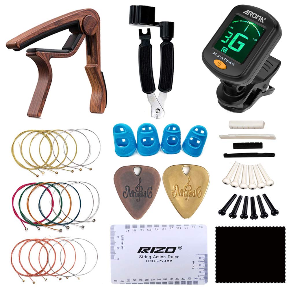 Premium Guitar Accessories Kit - String Action Ruler, Tuner, 3-in-1 Restring Tool, Alloy Picks & Capo, Strings, Bridge Pins, Bone Saddle & Nut - Complete Maintenance Set for Acoustic & Electric Guitars - Perfect for Beginners & Professional Musicians