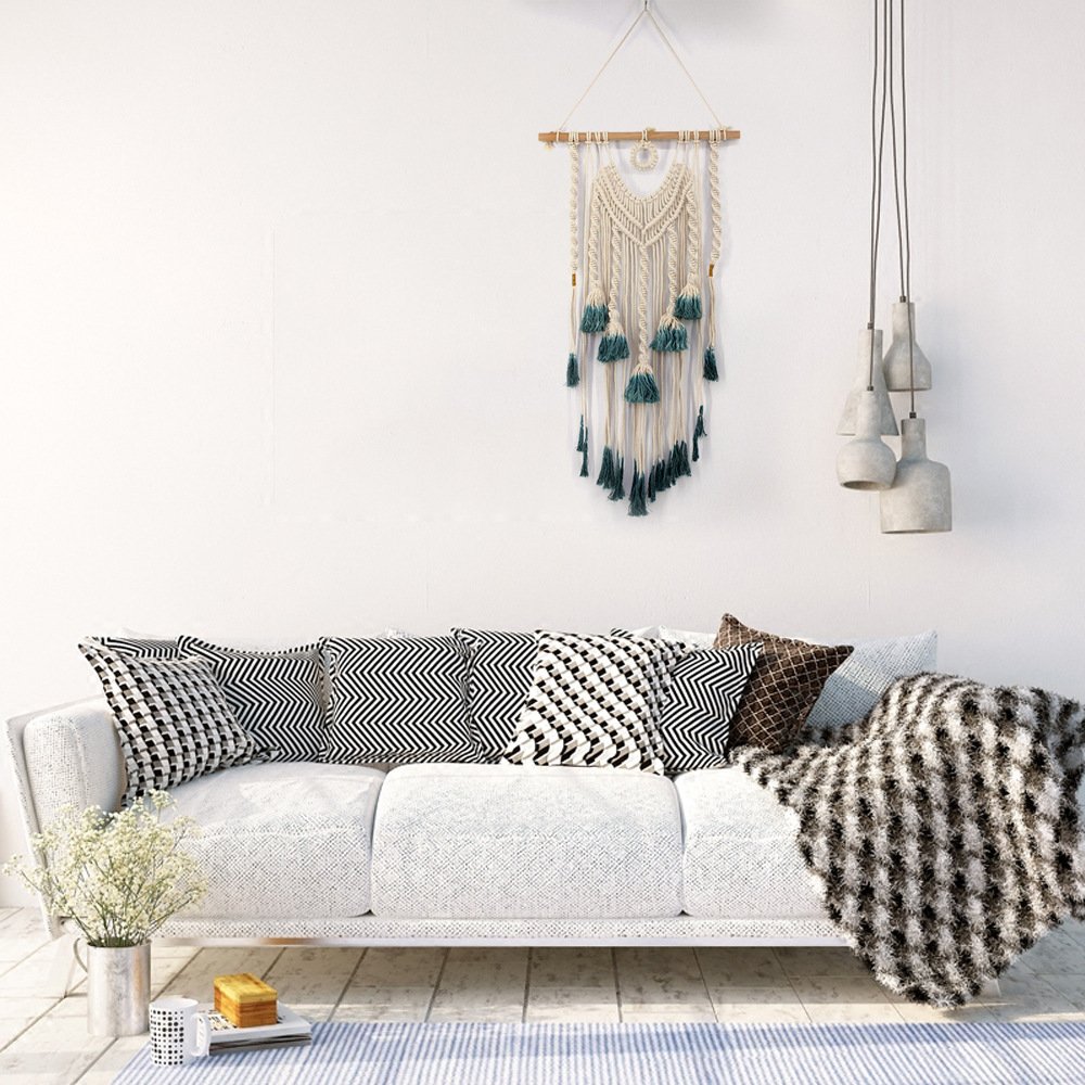 Bohemian Macrame Wall Hanging with Dark Green Tassels - Handwoven Geometric Tapestry for Home Decor, Apartment, Dorm Room, Wedding Backdrop & Party Decoration | Perfect for Living Room, Bedroom and Boho Style Interior Design