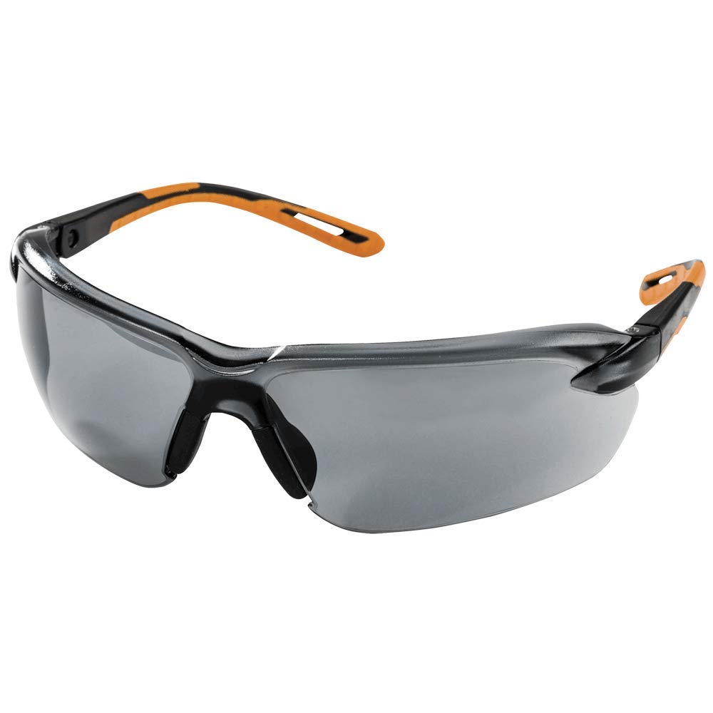 Sellstrom Lightweight Safety Glasses with Anti-Scratch Smoke Lens - Hard Coated Protective Eyewear for Work & DIY - Black/Orange Co-Molded 3-Position Ratcheting Temples with Soft Nose Piece (Pack of 1) - Ideal for Construction, Woodworking & Industrial Use - Model S71201