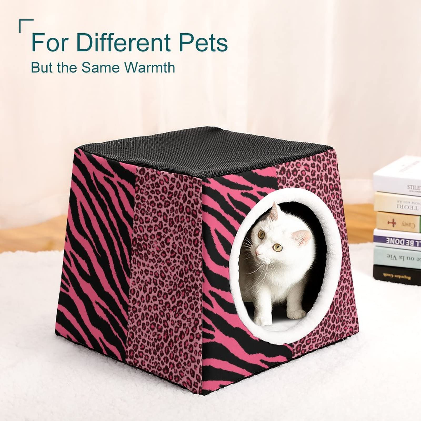 Printed Cat Houses & Condos - Foldable Cat Cube Bed with Removable Pillow in Tiger Leopard Print - Cozy Pet Sofa for Indoor Cats | Perfect for Living Room, Bedroom & Office