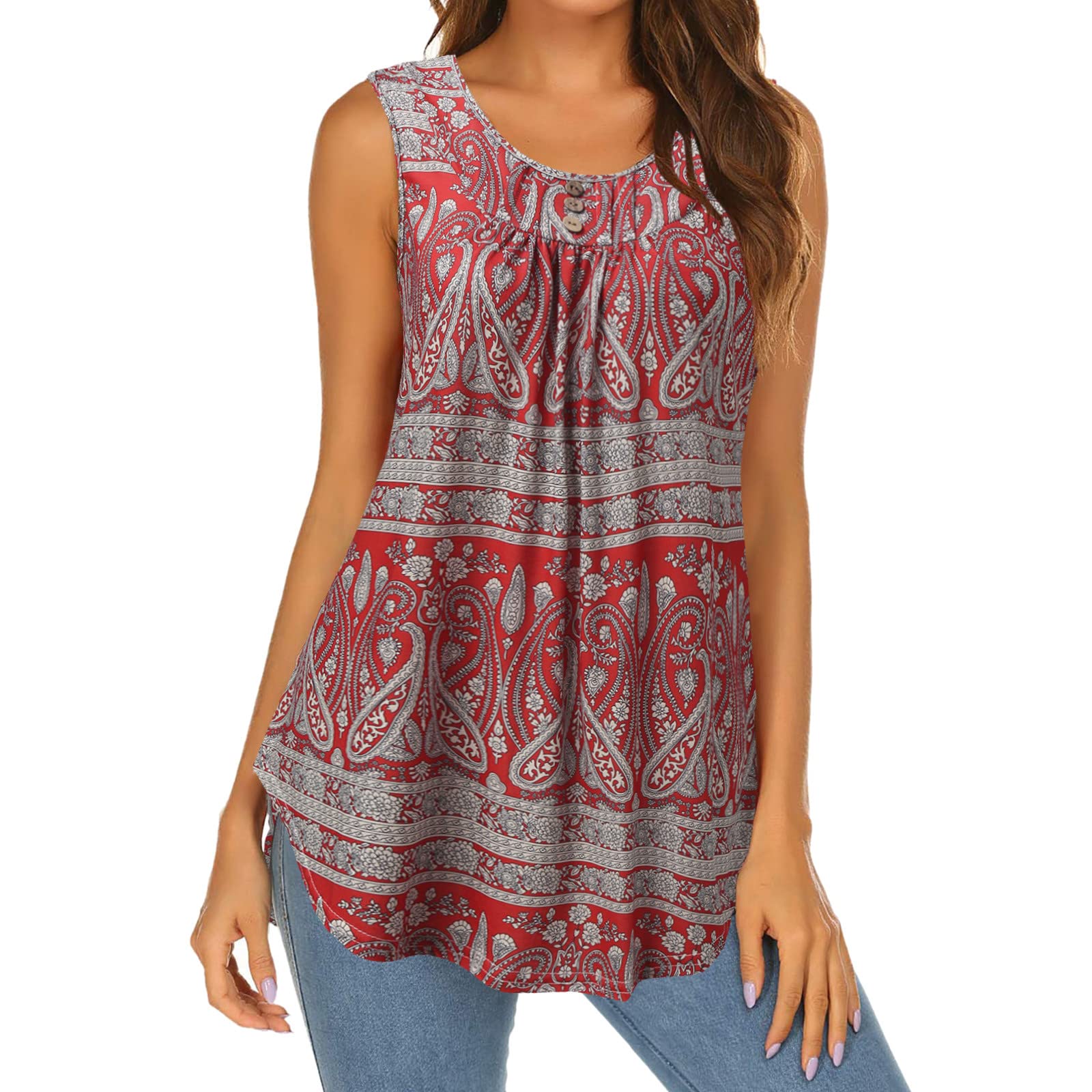 Women's Summer Tops - Ethnic Solid Button Up Pleated Tank Tops | Sleeveless Crew Neck Tunic Shirts | Trendy Casual Wear for Beach, Vacation & Everyday Outfits