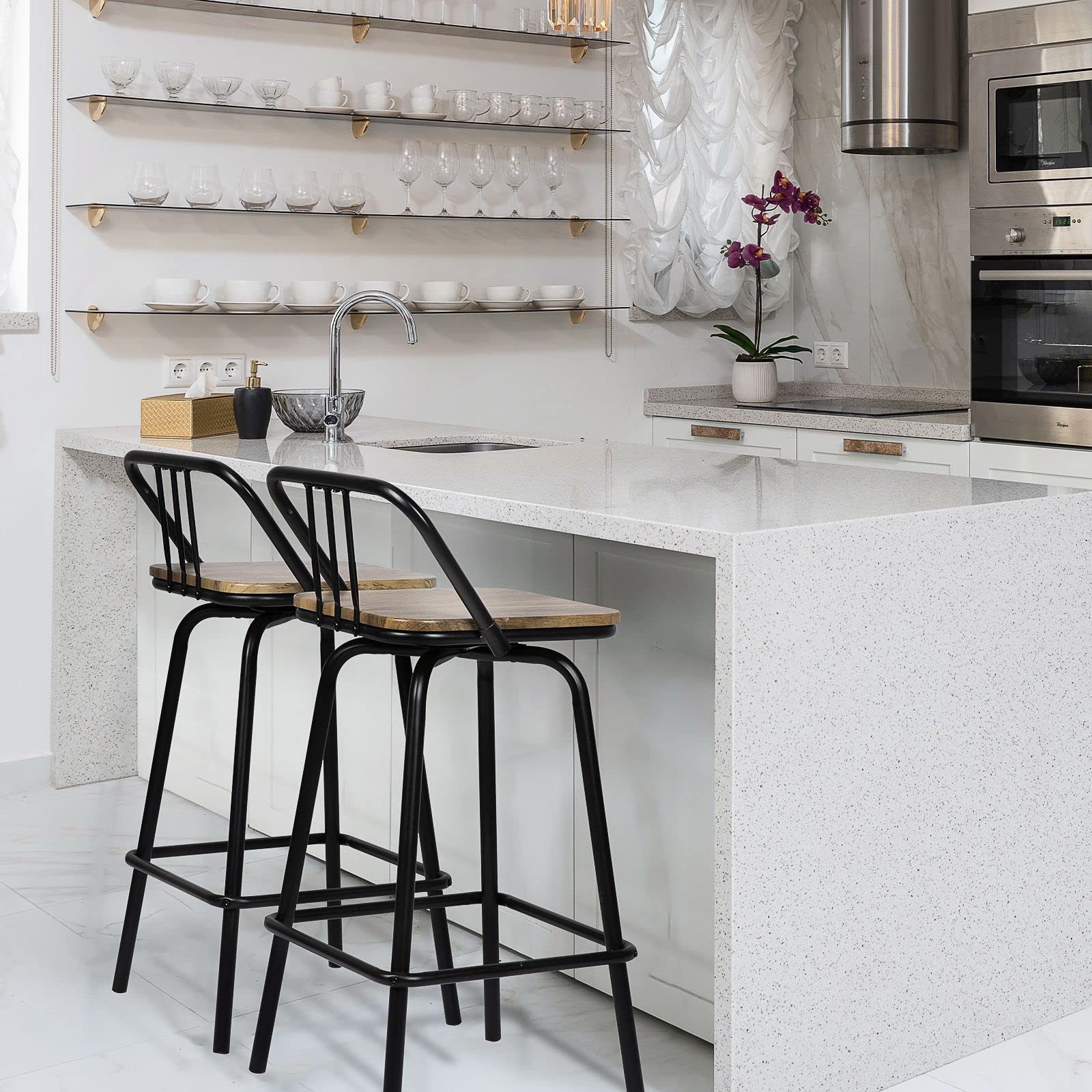2 Pack Industrial Swivel Counter Stools with Wood Seat & Backrest - Rustic Brown Farmhouse Bar Stools for Kitchen, Dining Room & Counter Bar - Perfect for Breakfast Nooks, Kitchen Islands & Home Bars