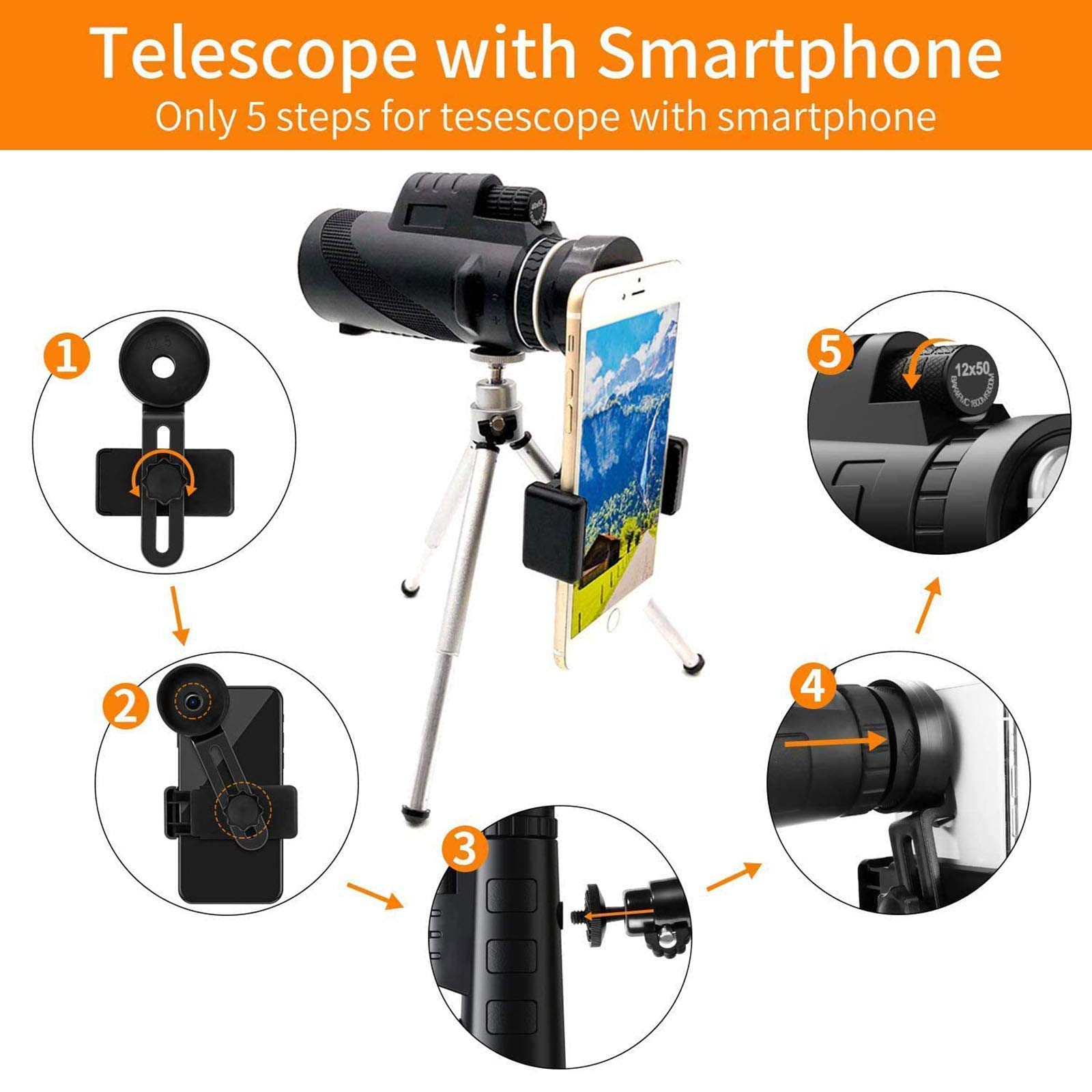 ROLTIN 40X60 HD Monocular Telescope with Tripod Clip - Waterproof, Zoom, Universal Phone Mount for Bird Watching, Hunting, Camping & Outdoor Adventures
