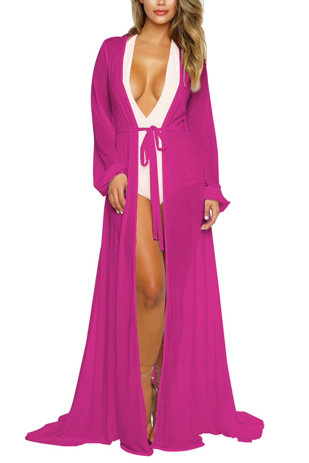 Sexy Women's Mesh Long Sleeve Swim Cover Up Dress - Tie Front Beach Maxi Dress for Pool, Vacation & Summer Outfits