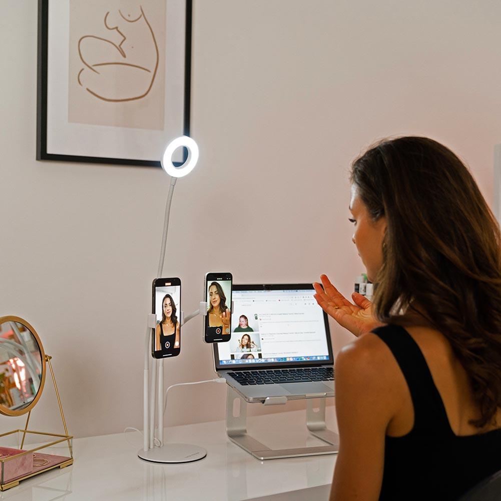 Dual Phone Mount with 6 Ring Light Kit for Live Streaming - White (Jasper Model) | Perfect for YouTube, TikTok & Instagram Content Creation