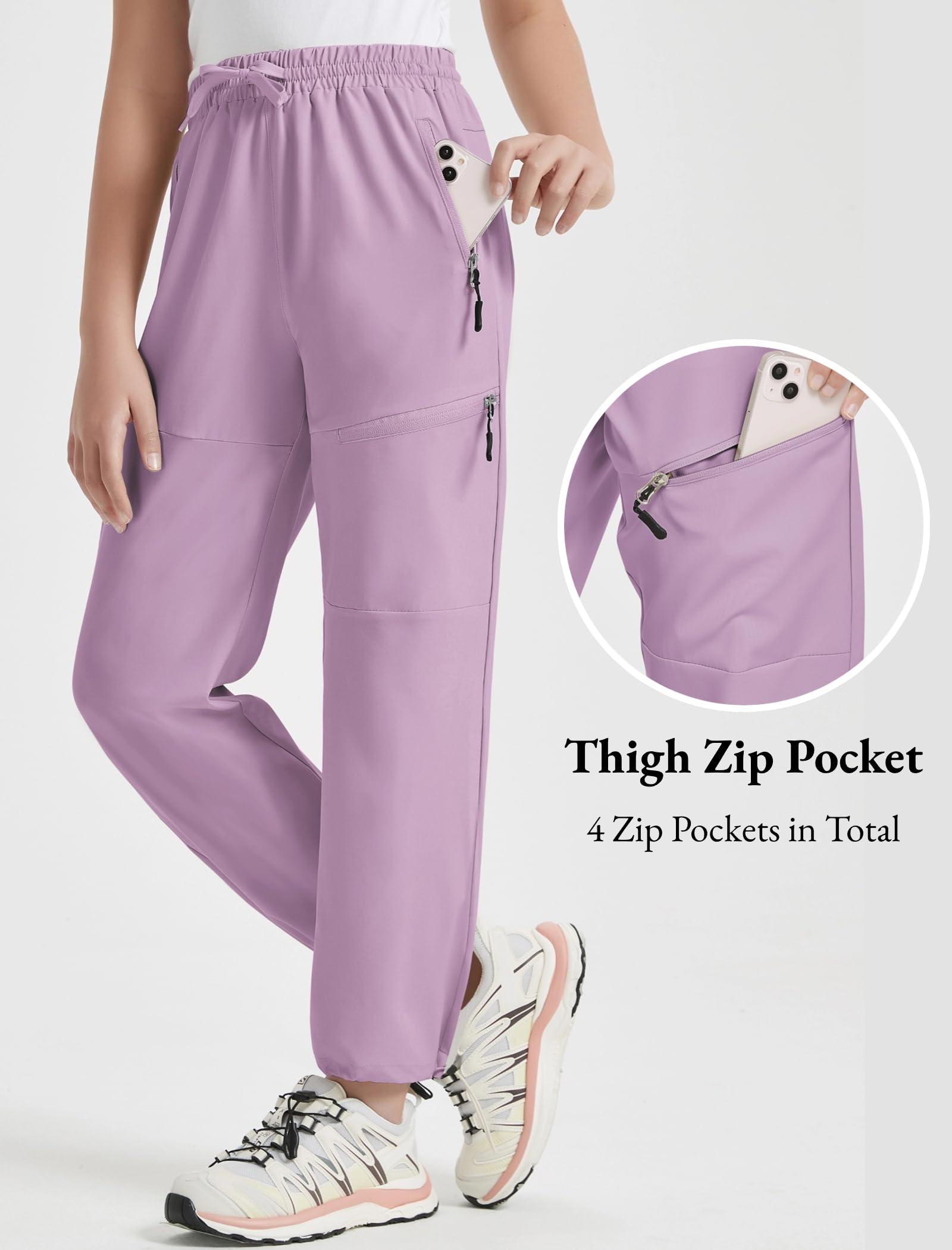 **EXARUS Girls Water Resistant Joggers - Quick Dry Hiking Pants for Kids, High Waisted Athletic Pants with Zip Pockets, Lightweight & Comfortable for Outdoor Activities (Ages 6-14Y) - Perfect for Hiking, Running & School Sports**