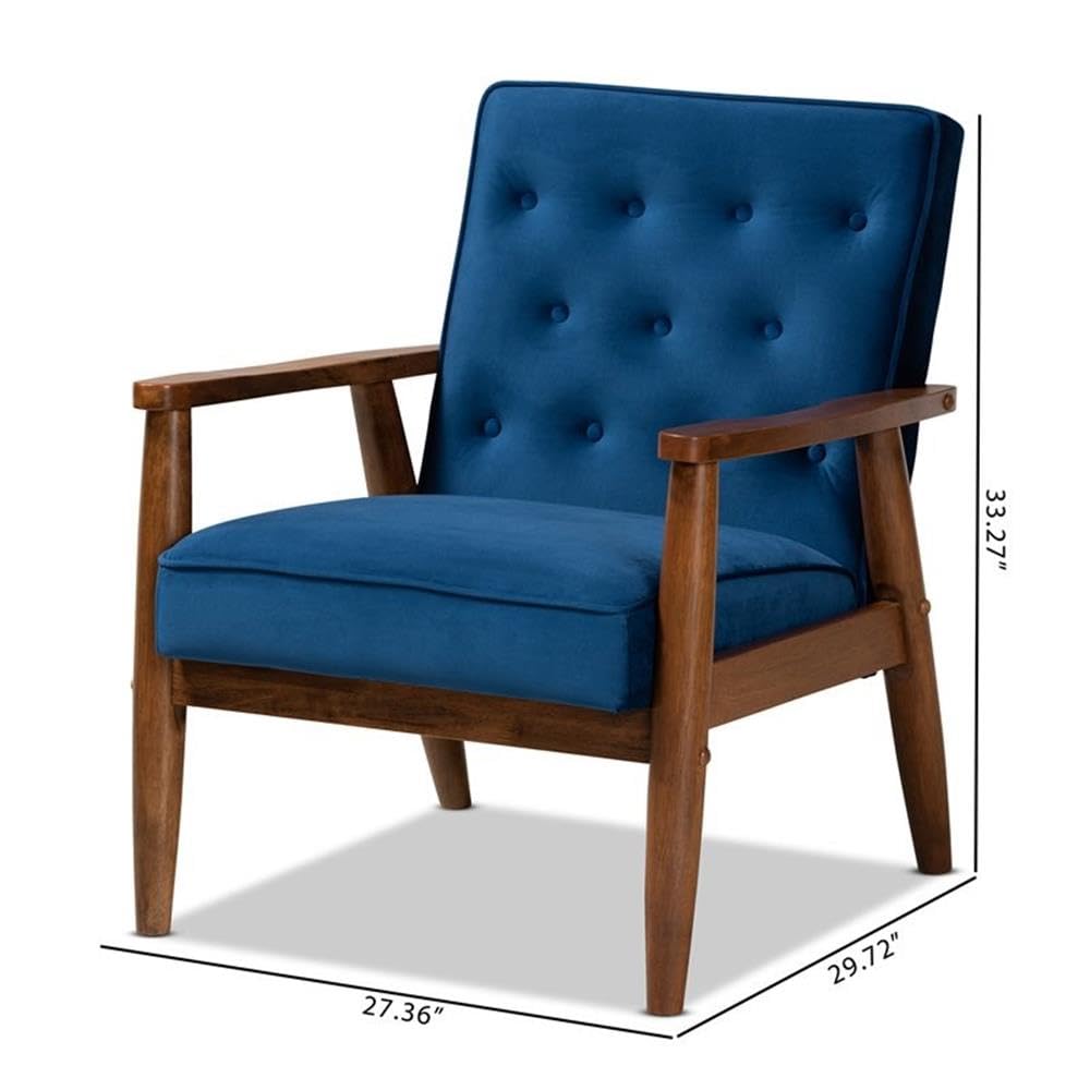 BOWERY HILL Navy Blue Velvet Upholstered Wood Lounge Chair - Modern Accent Armchair for Living Room, Bedroom & Office - Comfortable Reading Chair with Solid Wood Frame