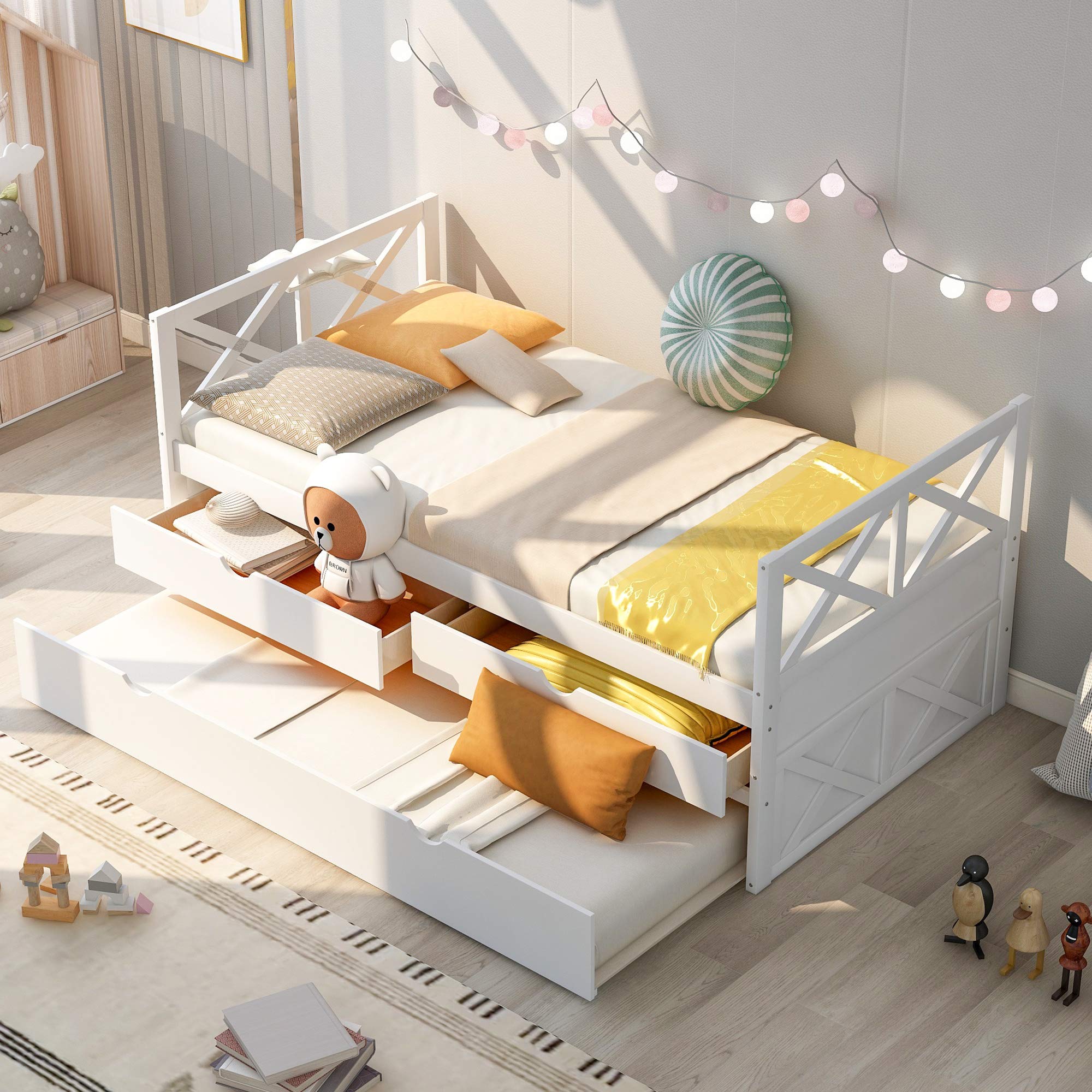 White Wood DayBed with 2 Drawers & Trundle - Solid Wood Slat Support for Kids, Boys & Girls - No Box Spring Needed - Perfect for Guest Rooms, Kids' Bedrooms & Small Spaces