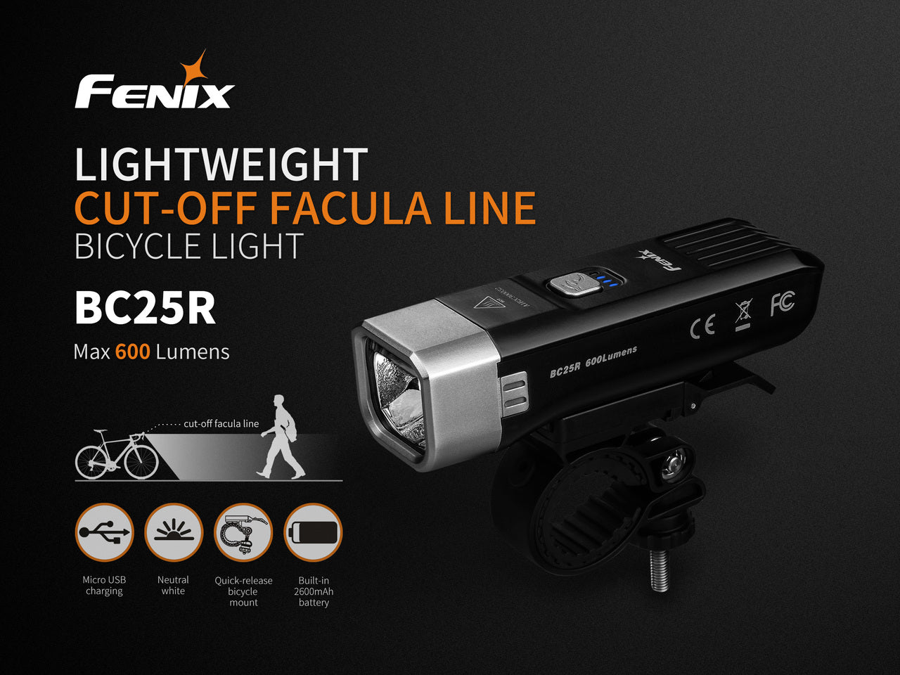 Fenix BC25R Rechargeable LED Bike Light - 1600 Lumens, Waterproof Cycling Headlight for Night Riding, Mountain Biking & Commuting